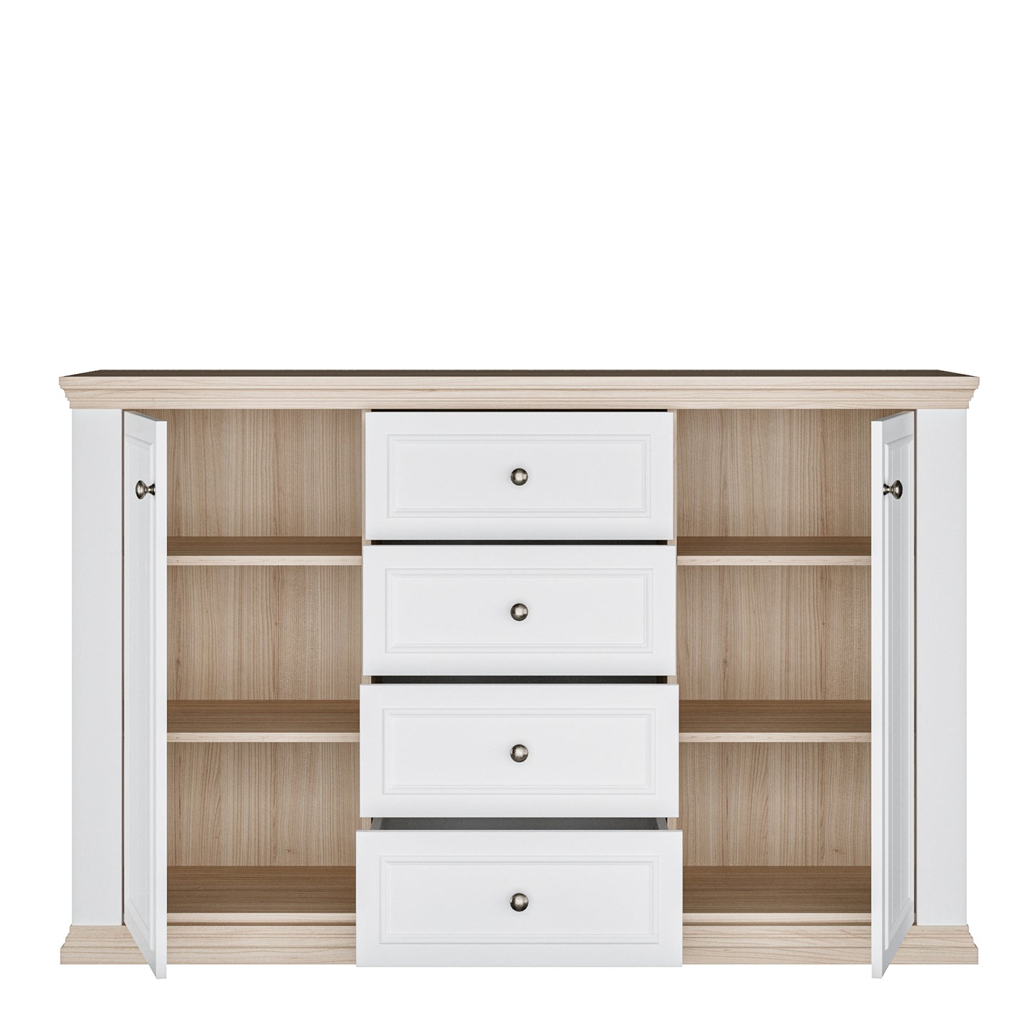 Pontypool 4 Drawer & 2 Door Sideboard in White and Riva Oak