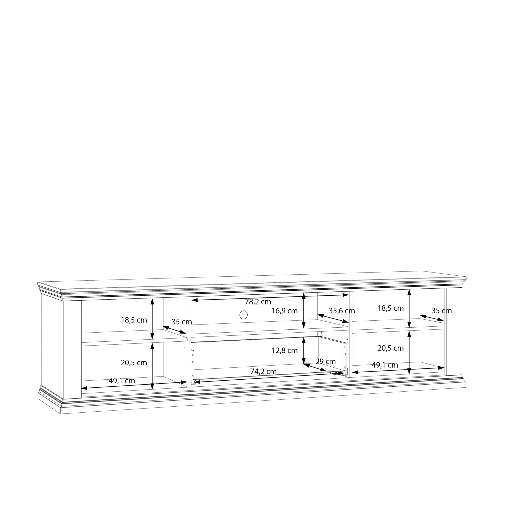 Pontypool Wide TV Unit with 2 Doors, Drawer & Open Shelf in White and Riva Oak