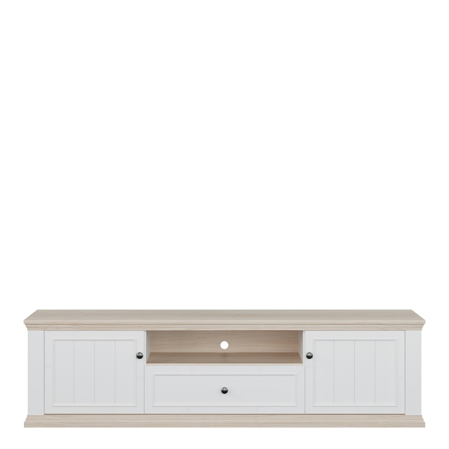 Pontypool Wide TV Unit with 2 Doors, Drawer & Open Shelf in White and Riva Oak