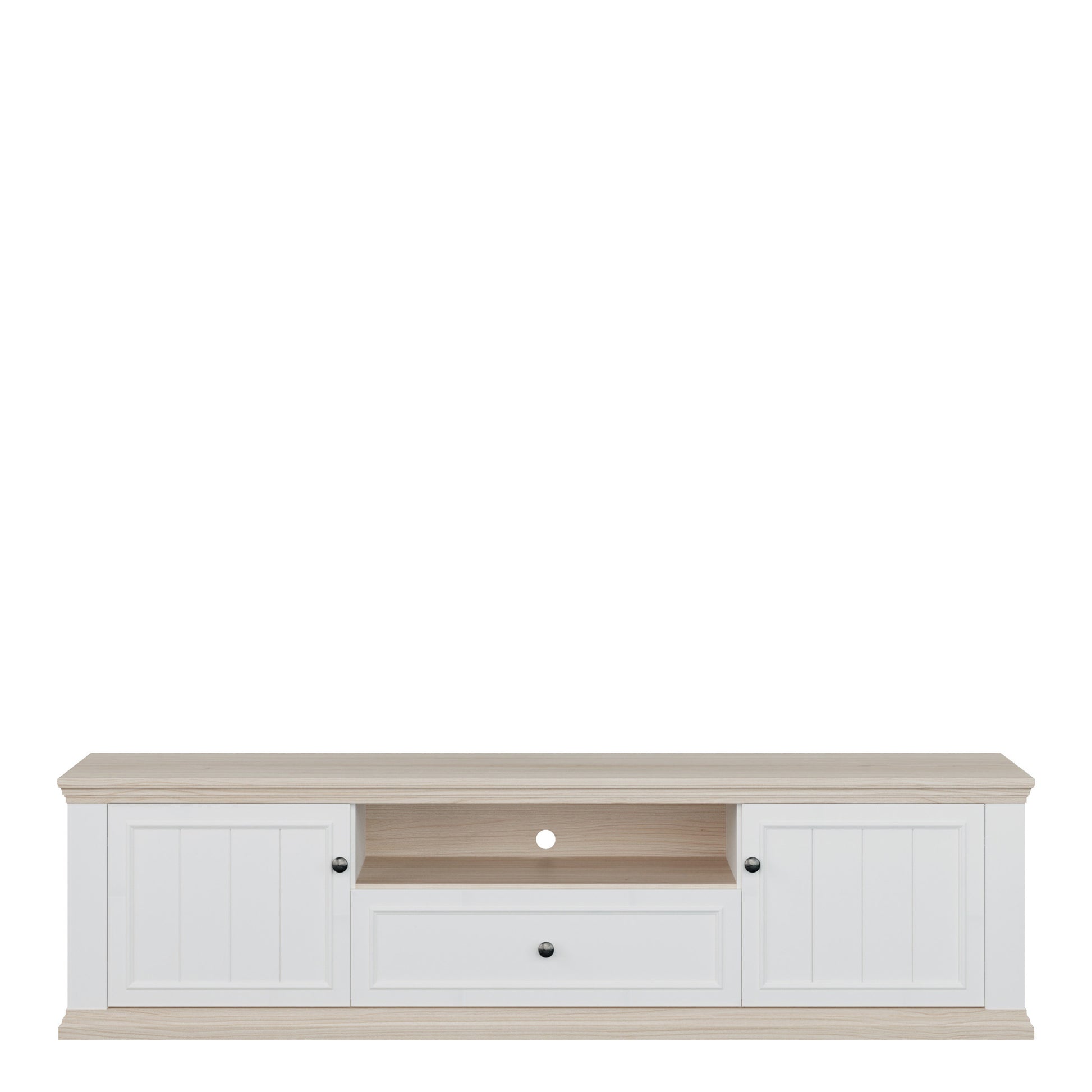 Pontypool Wide TV Unit with 2 Doors, Drawer & Open Shelf in White and Riva Oak