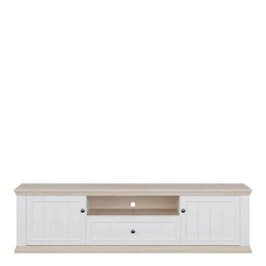 Pontypool Wide TV Unit with 2 Doors, Drawer & Open Shelf in White and Riva Oak