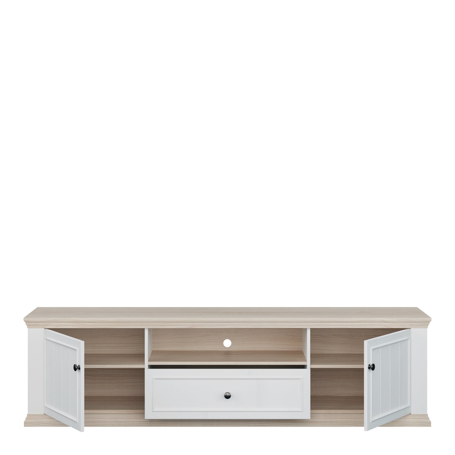 Pontypool Wide TV Unit with 2 Doors, Drawer & Open Shelf in White and Riva Oak