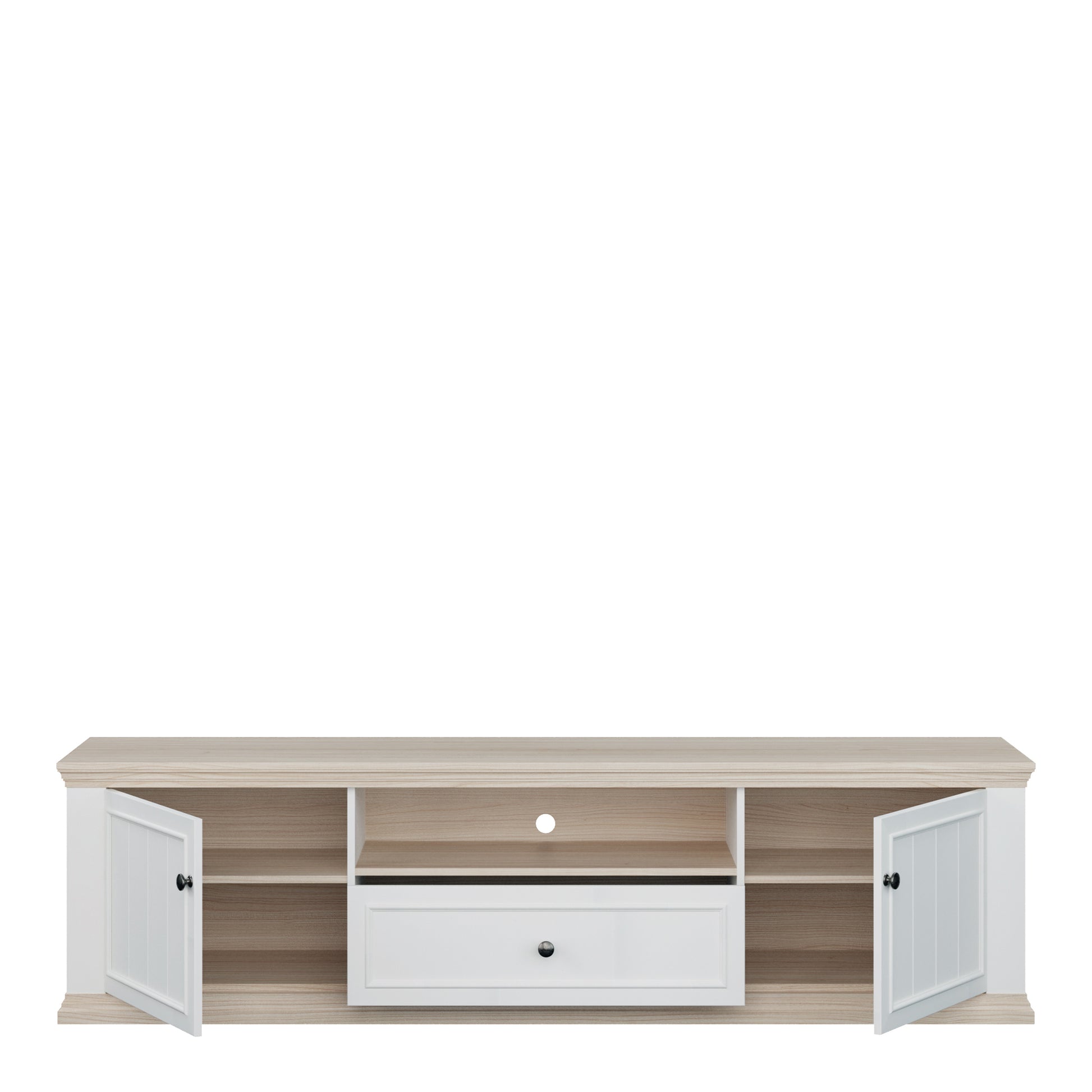 Pontypool Wide TV Unit with 2 Doors, Drawer & Open Shelf in White and Riva Oak