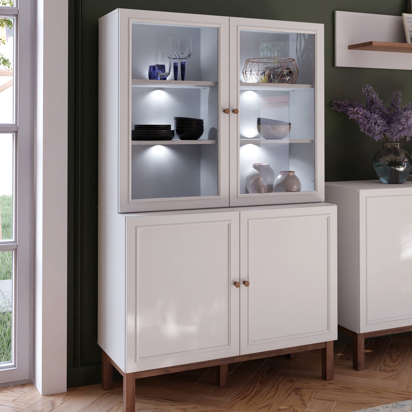 Wensley Display Cabinet with 2 Doors and 2 Glass Doors in Light Grey and Oak inc LED Lighting