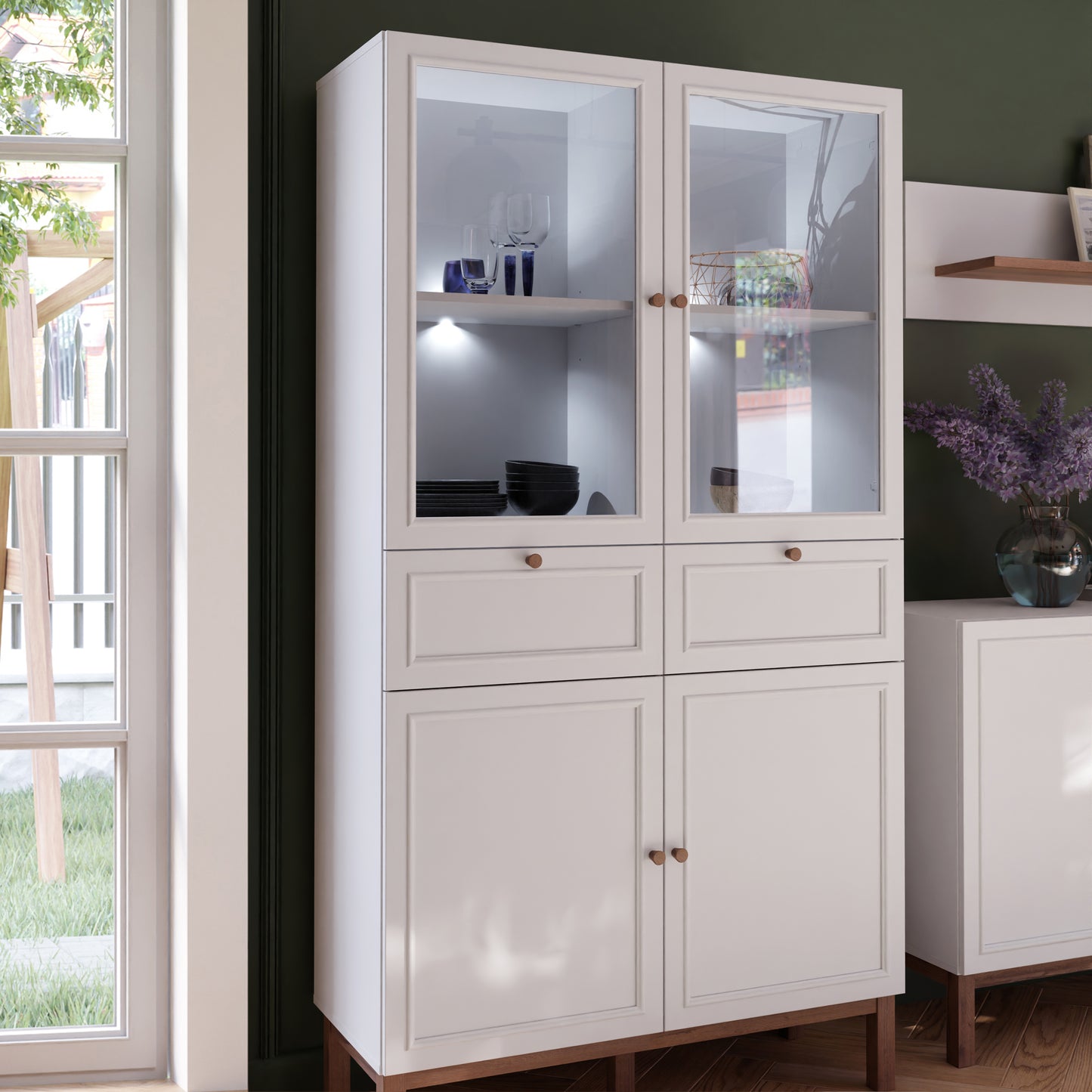 Wensley Display Cabinet with 2 Doors 2 Drawers and 2 Glass Doors in Light Grey and Oak inc LED Lighting