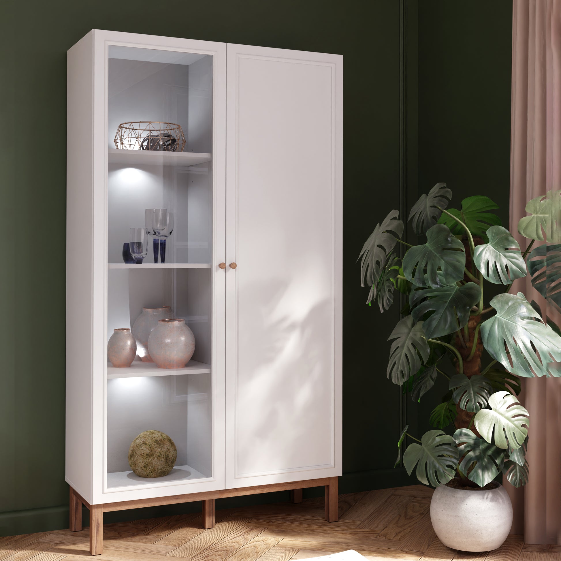 Wensley Display Cabinet with 1 Door and  1 Glass Door in Light Grey and Oak inc LED Lighting