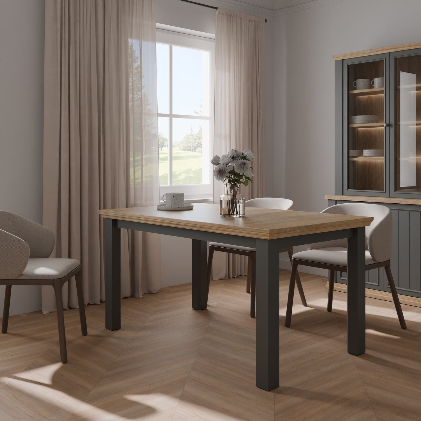 Pontypool Rectangular Dining Table 150x90cm in Wolfram Grey and Mauvella Oak