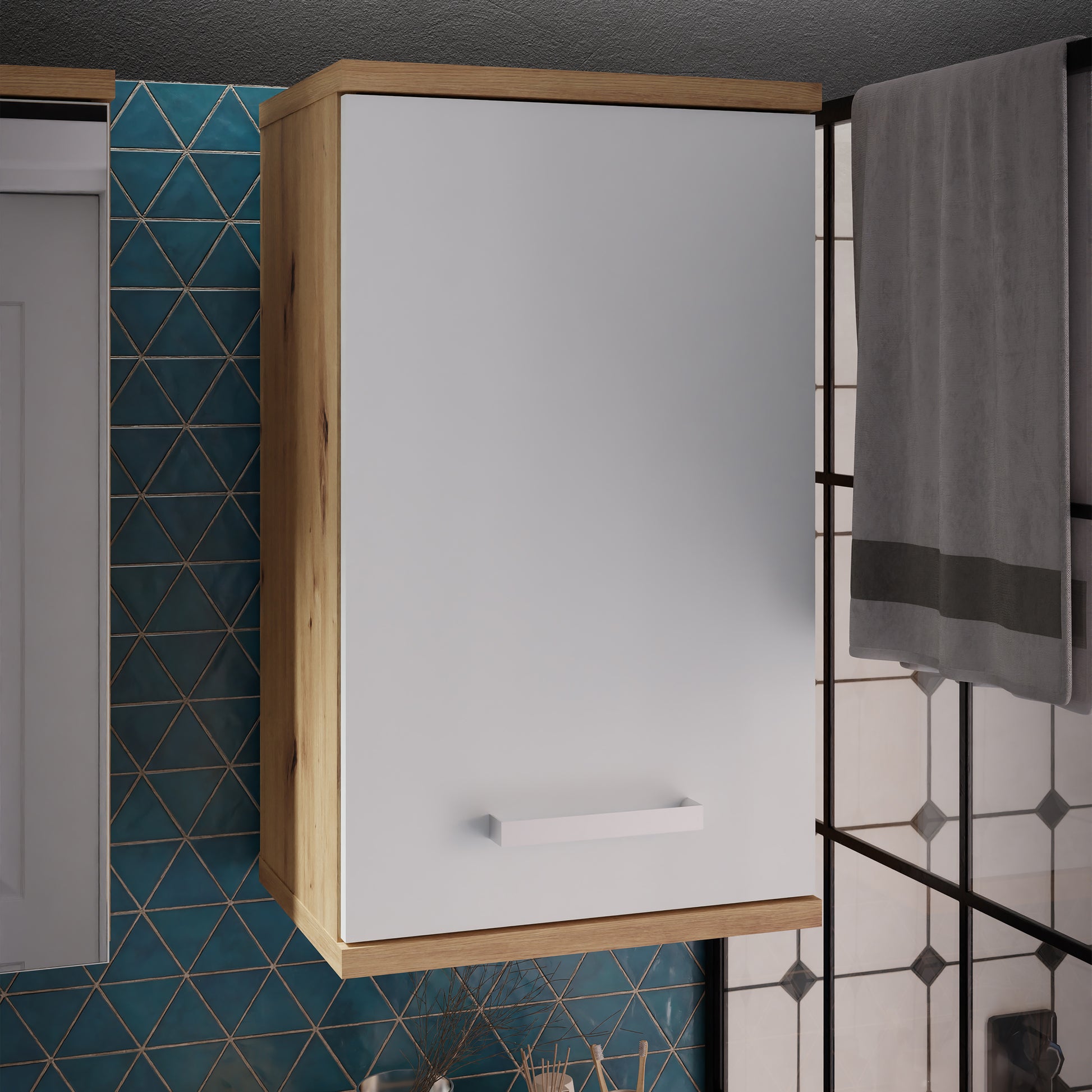 Veris Small Hanging Cupboard with 1 Door in Artisan Oak and Light Grey