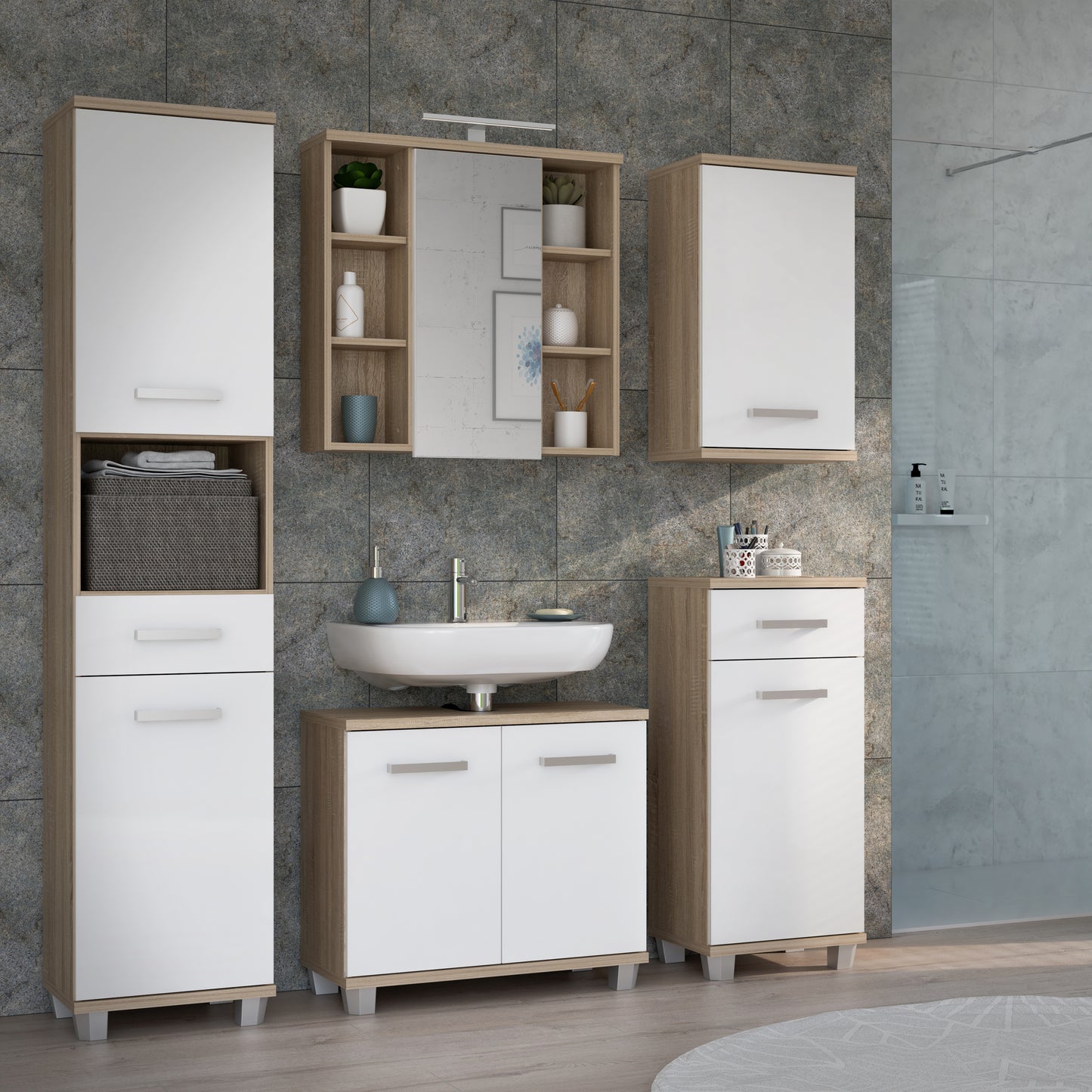 Veris Small Hanging Cupboard with 1 Door in Sonoma Oak and White High Gloss