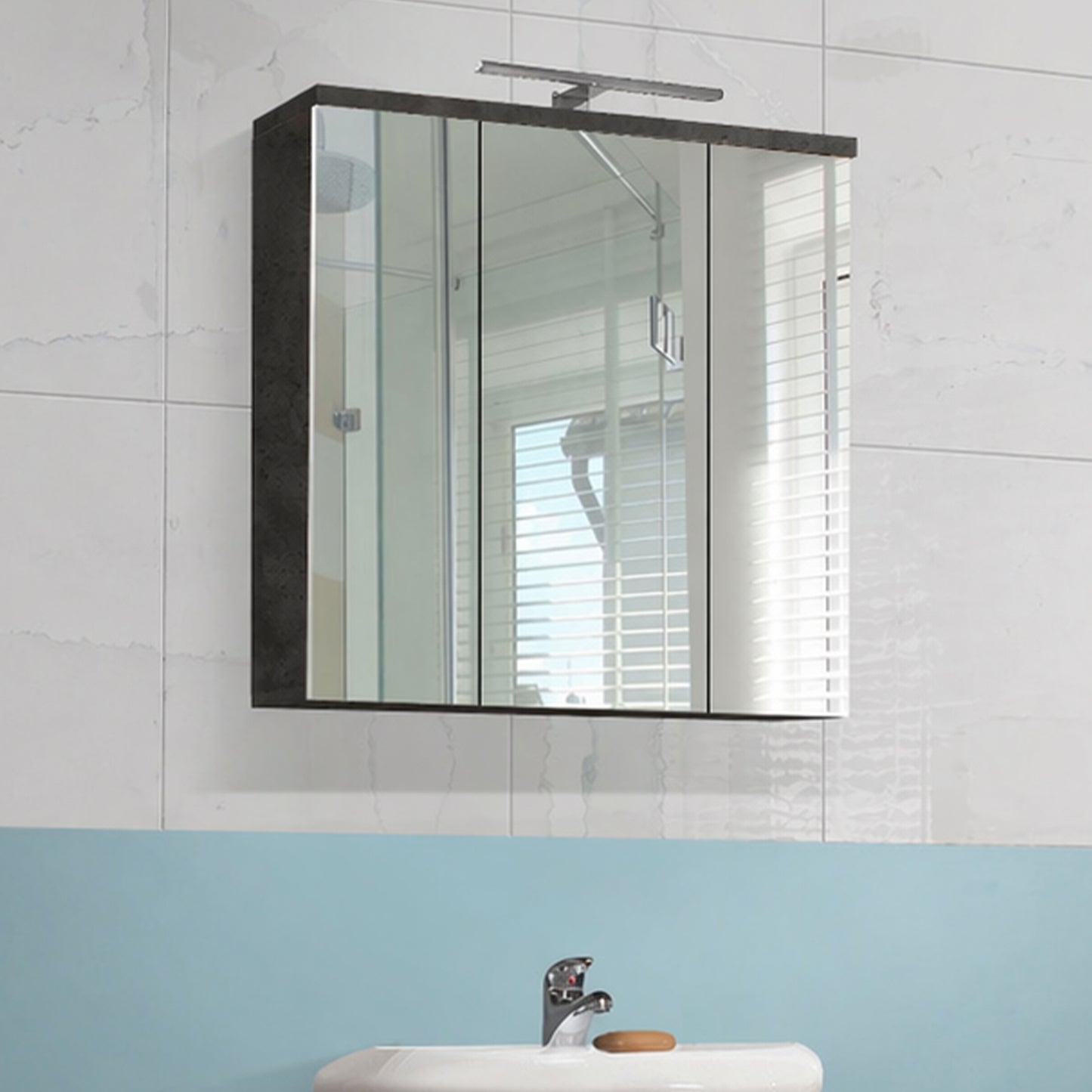 Veris 3 Door Mirrored Bathroom Cabinet with Integrated LED Lighting � Walnut & Dark Grey
