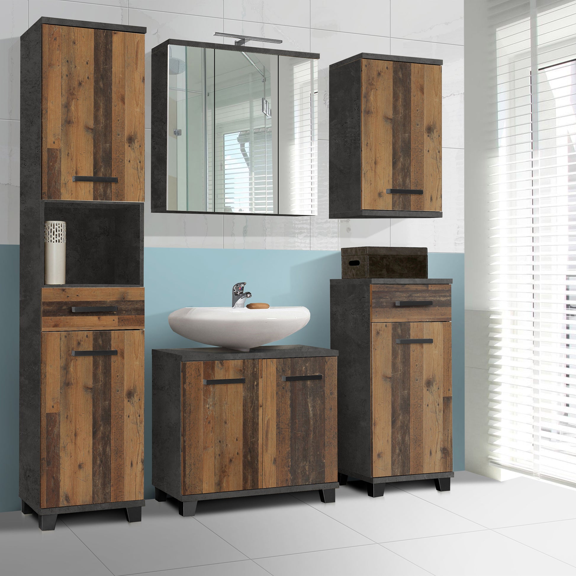 Veris 3 Door Mirrored Bathroom Cabinet with Integrated LED Lighting � Walnut & Dark Grey