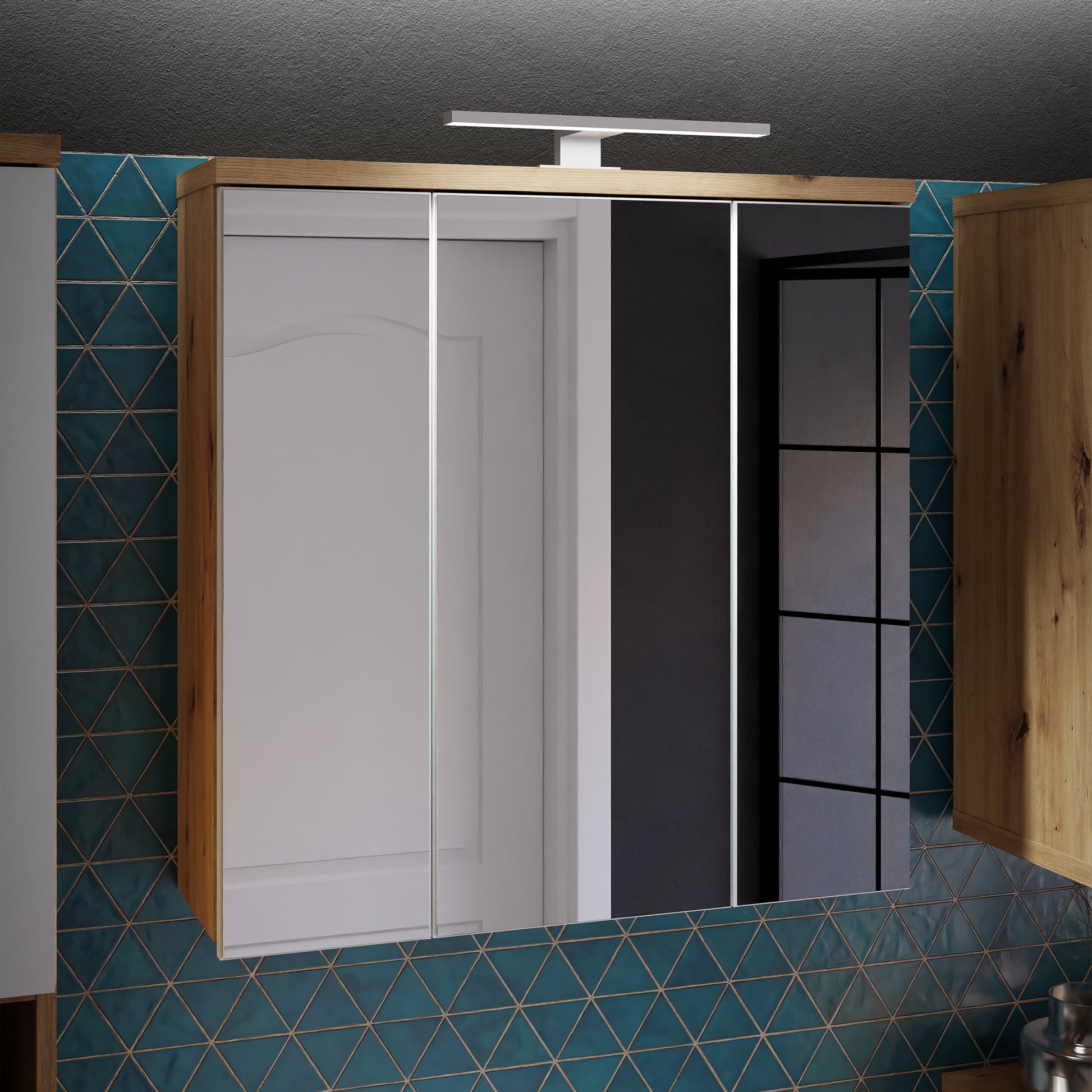Veris 3 Door Mirrored Bathroom Cabinet with Integrated LED Lighting � Artisan Oak and Light Grey