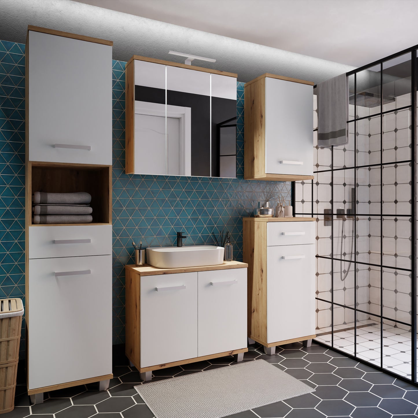 Veris 3 Door Mirrored Bathroom Cabinet with Integrated LED Lighting � Artisan Oak and Light Grey