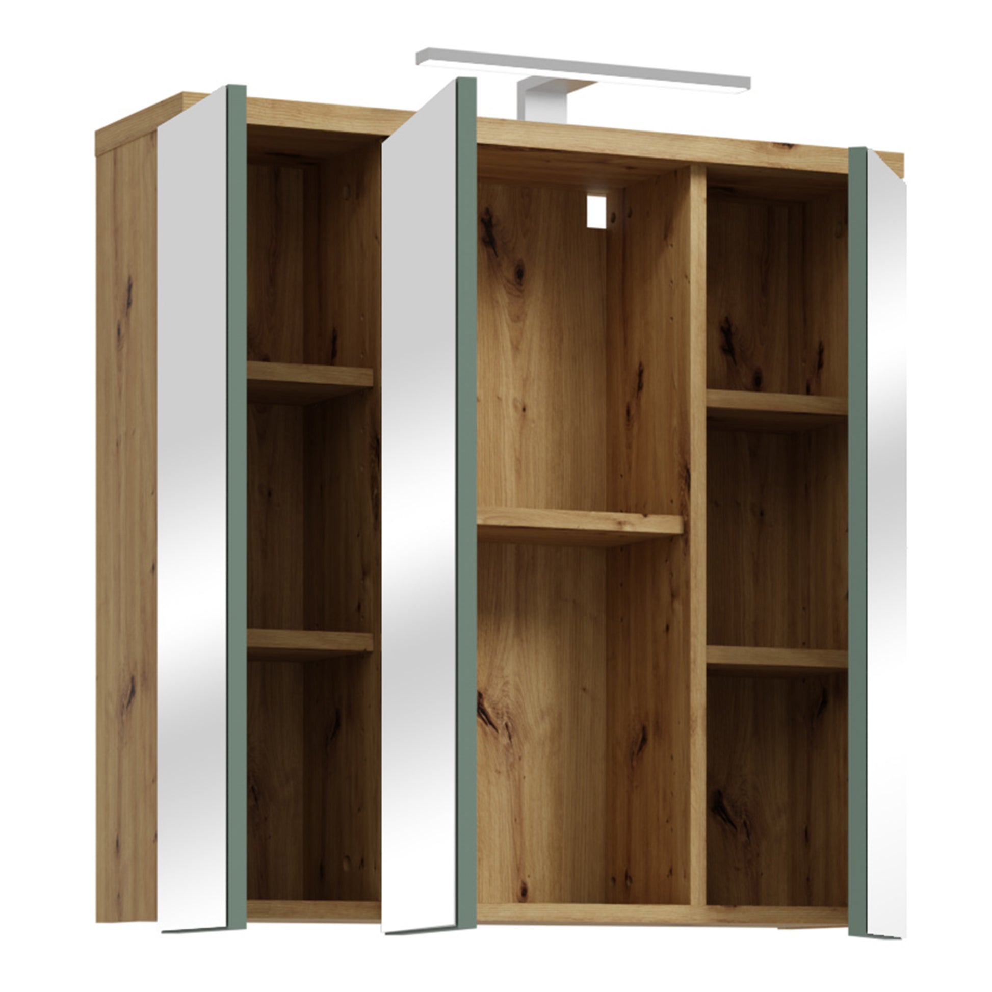 Veris 3 Door Mirrored Bathroom Cabinet with Integrated LED Lighting � Artisan Oak and Sage Green
