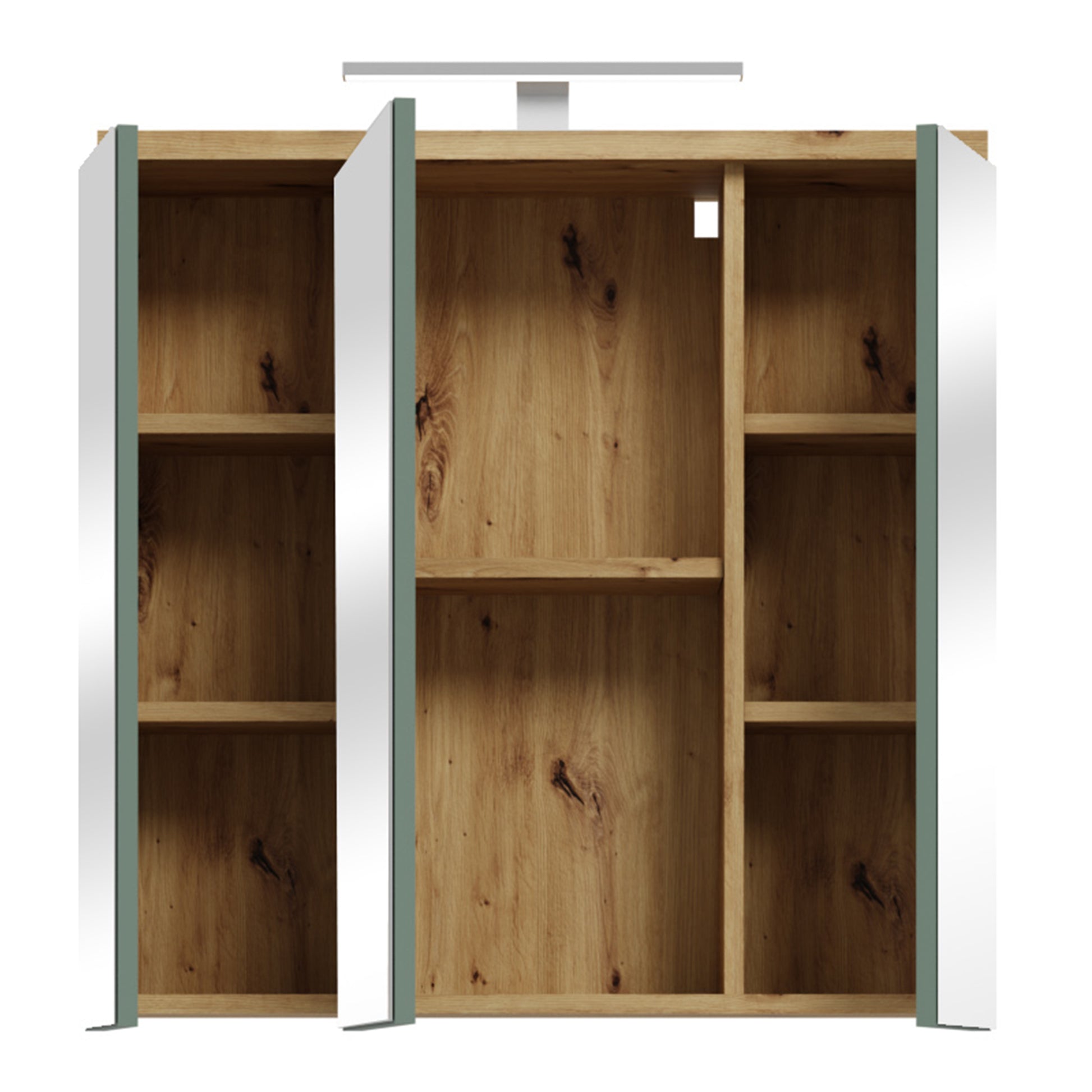 Veris 3 Door Mirrored Bathroom Cabinet with Integrated LED Lighting � Artisan Oak and Sage Green