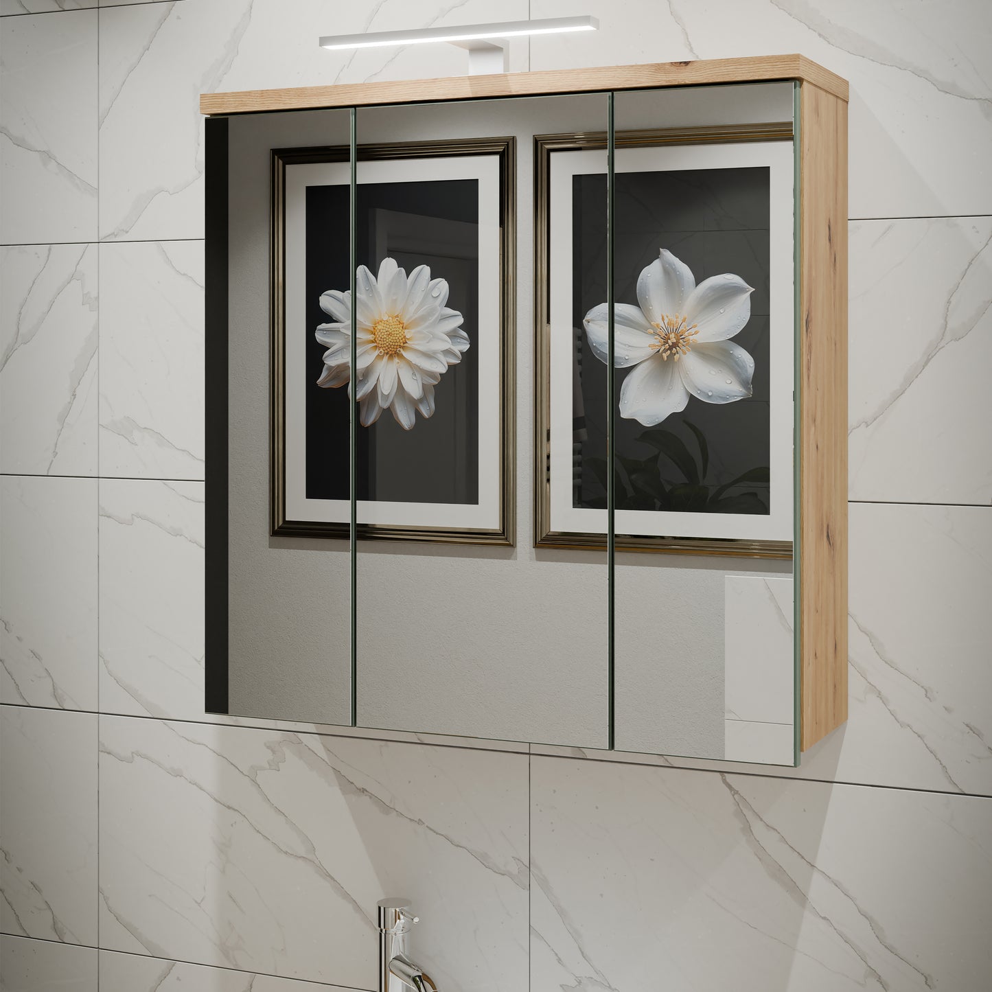 Veris 3 Door Mirrored Bathroom Cabinet with Integrated LED Lighting � Artisan Oak and Sage Green