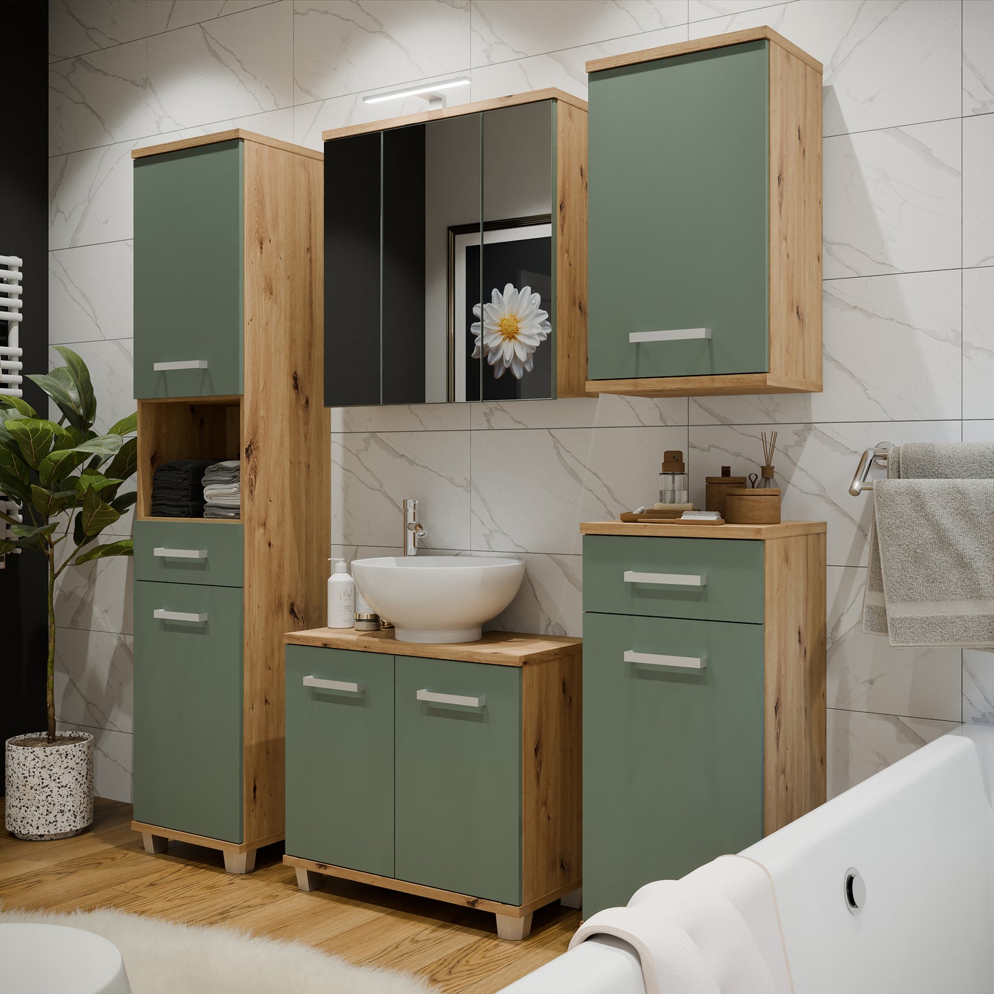 Veris 3 Door Mirrored Bathroom Cabinet with Integrated LED Lighting � Artisan Oak and Sage Green