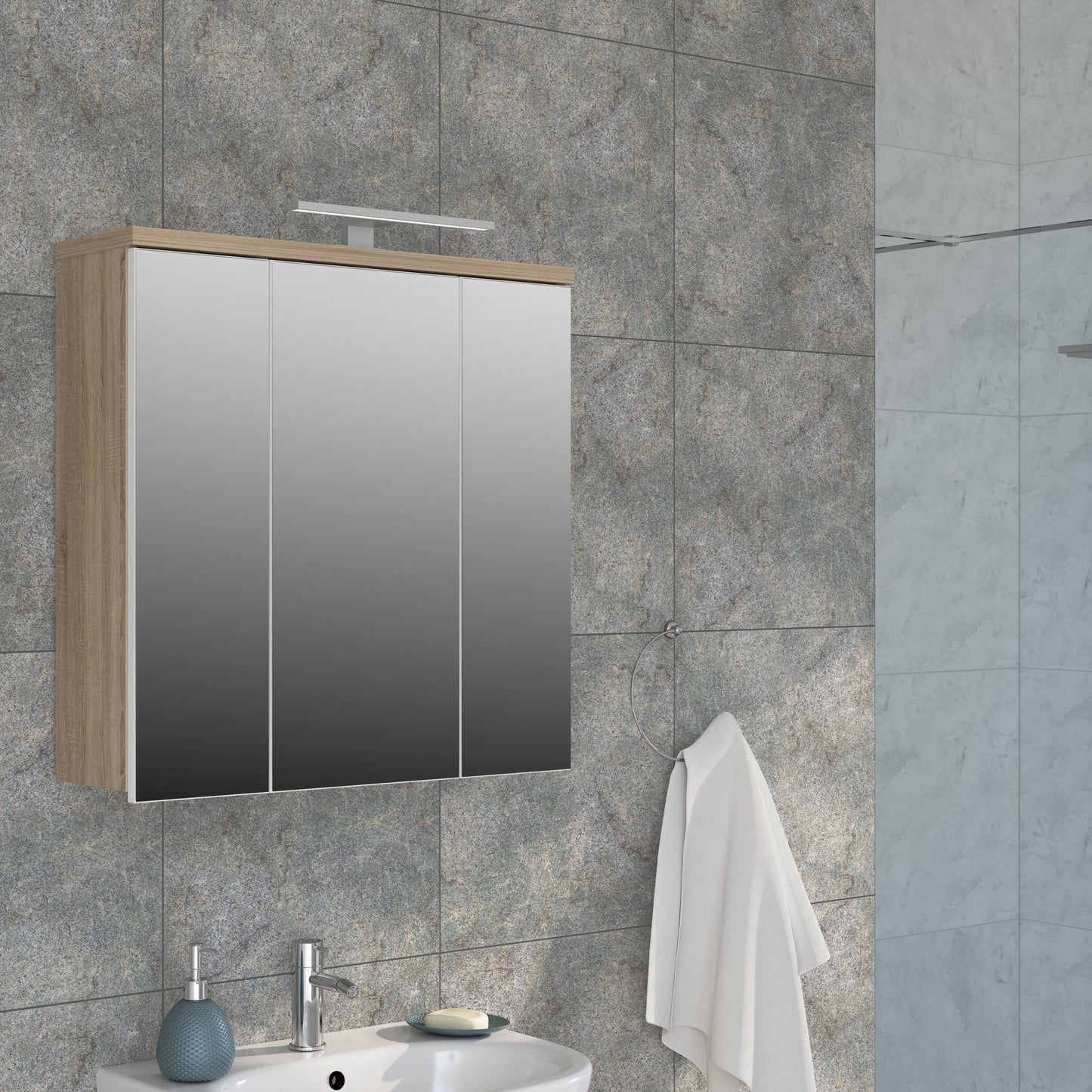 Veris 3 Door Mirrored Bathroom Cabinet with Integrated LED Lighting � Sonoma Oak & White Gloss