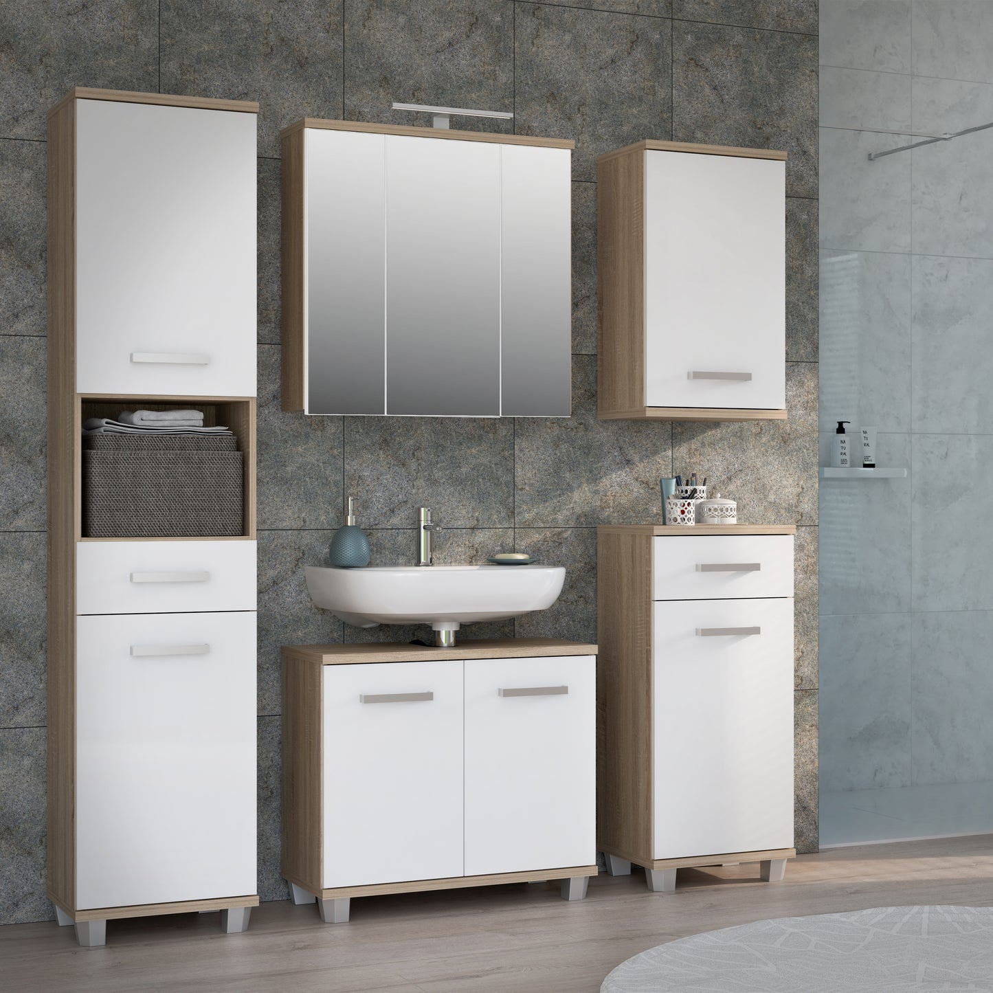 Veris 3 Door Mirrored Bathroom Cabinet with Integrated LED Lighting � Sonoma Oak & White Gloss