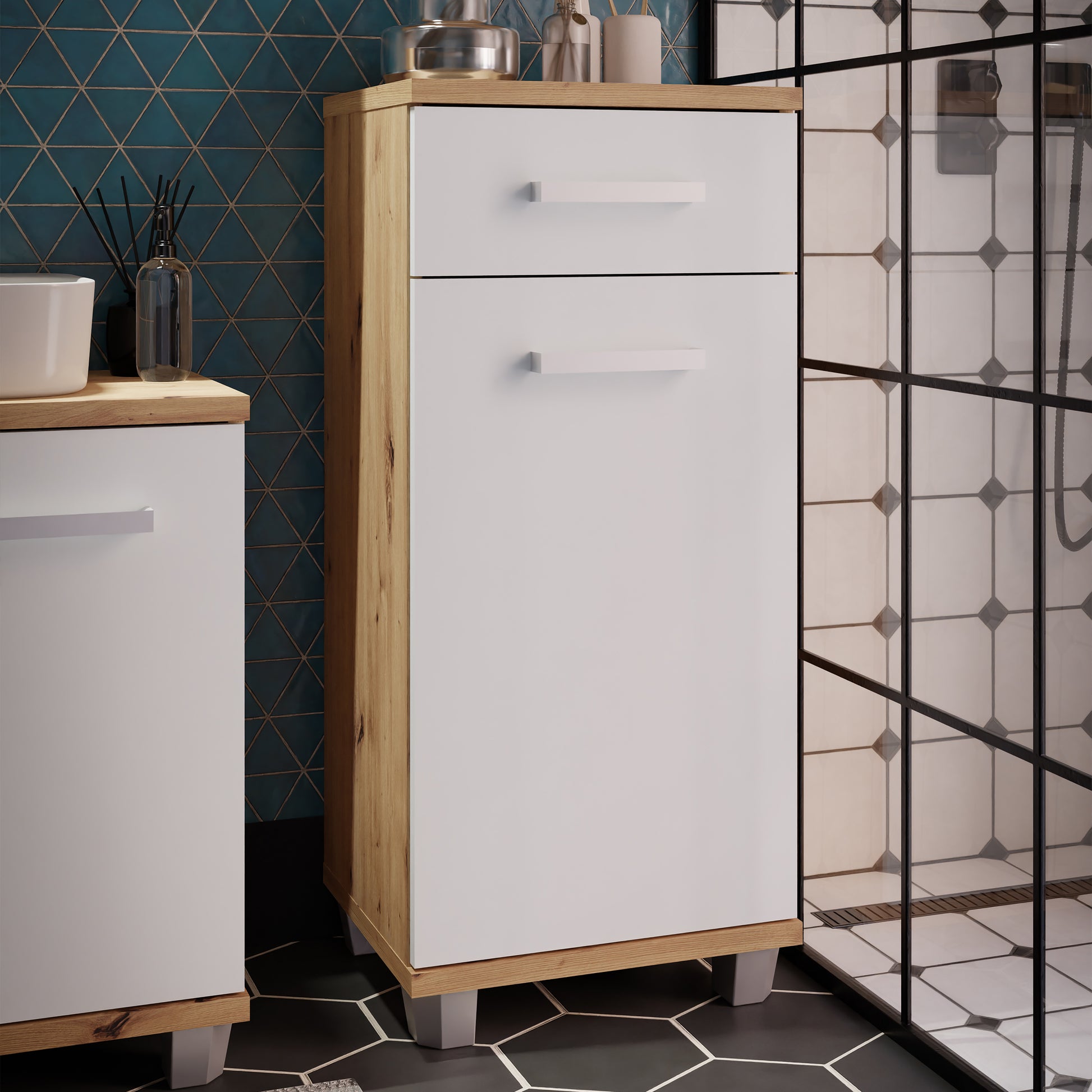 Veris Bathroom Cupboard with 1 Door & 1 Drawer in Artisan Oak and Light Grey
