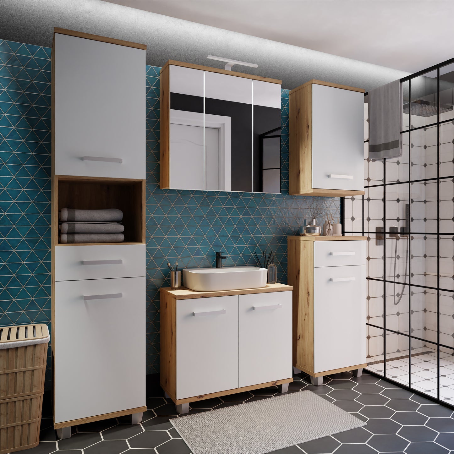 Veris Bathroom Cupboard with 1 Door & 1 Drawer in Artisan Oak and Light Grey