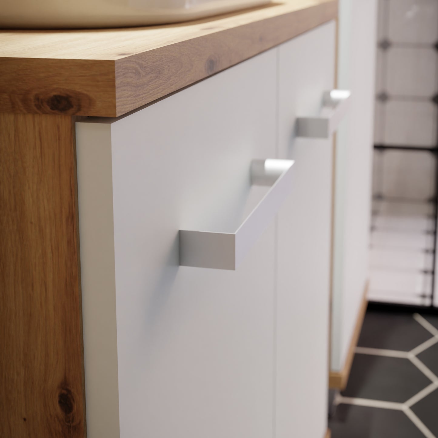 Veris Bathroom Cupboard with 1 Door & 1 Drawer in Artisan Oak and Light Grey