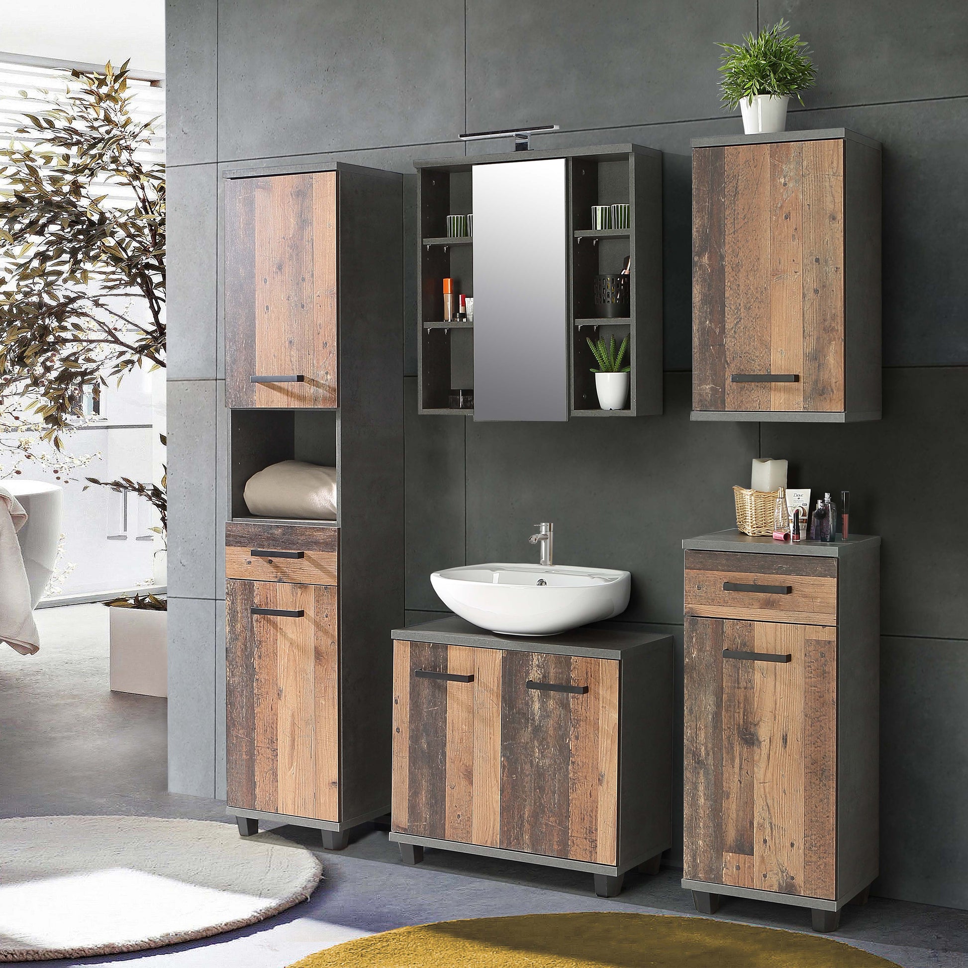Veris Tall Narrow Bathroom Cupboard with 2 Doors & 1 Drawer in Walnut and Dark Grey