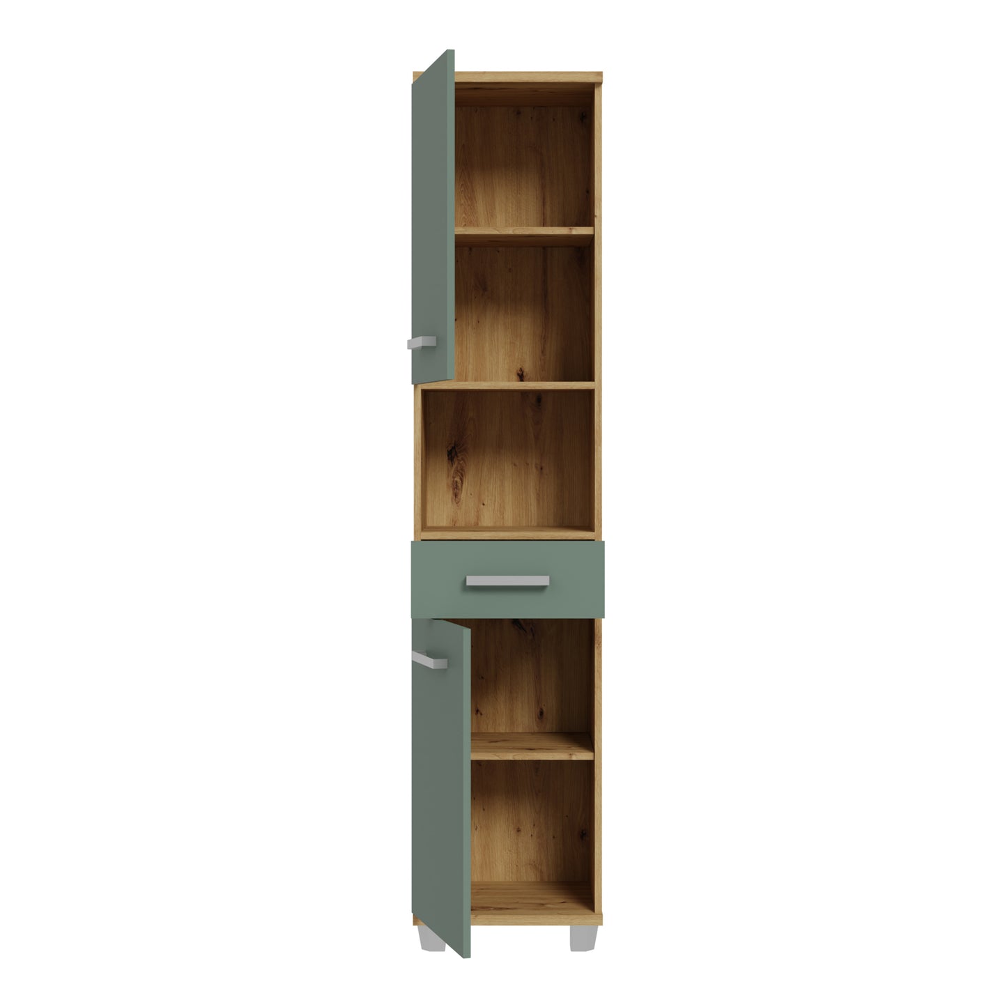 Veris Tall Narrow Bathroom Cupboard with 2 Doors & 1 Drawer in Artisan Oak and Sage Green