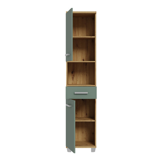 Veris Tall Narrow Bathroom Cupboard with 2 Doors & 1 Drawer in Artisan Oak and Sage Green