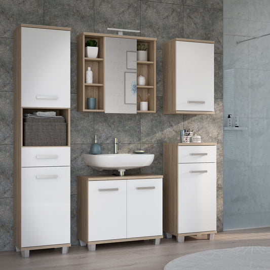 Veris Tall Narrow Bathroom Cupboard with 2 Doors & 1 Drawer in Sonoma Oak and White High Gloss