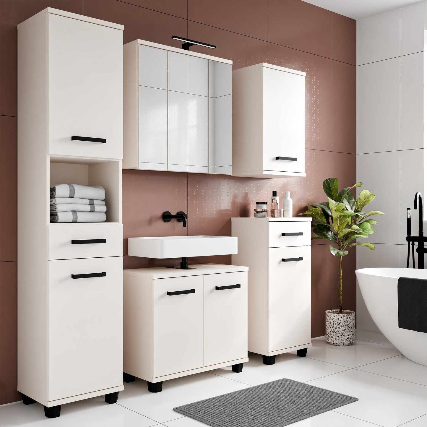 Veris Tall Narrow Bathroom Cupboard with 2 Doors & 1 Drawer in Sand