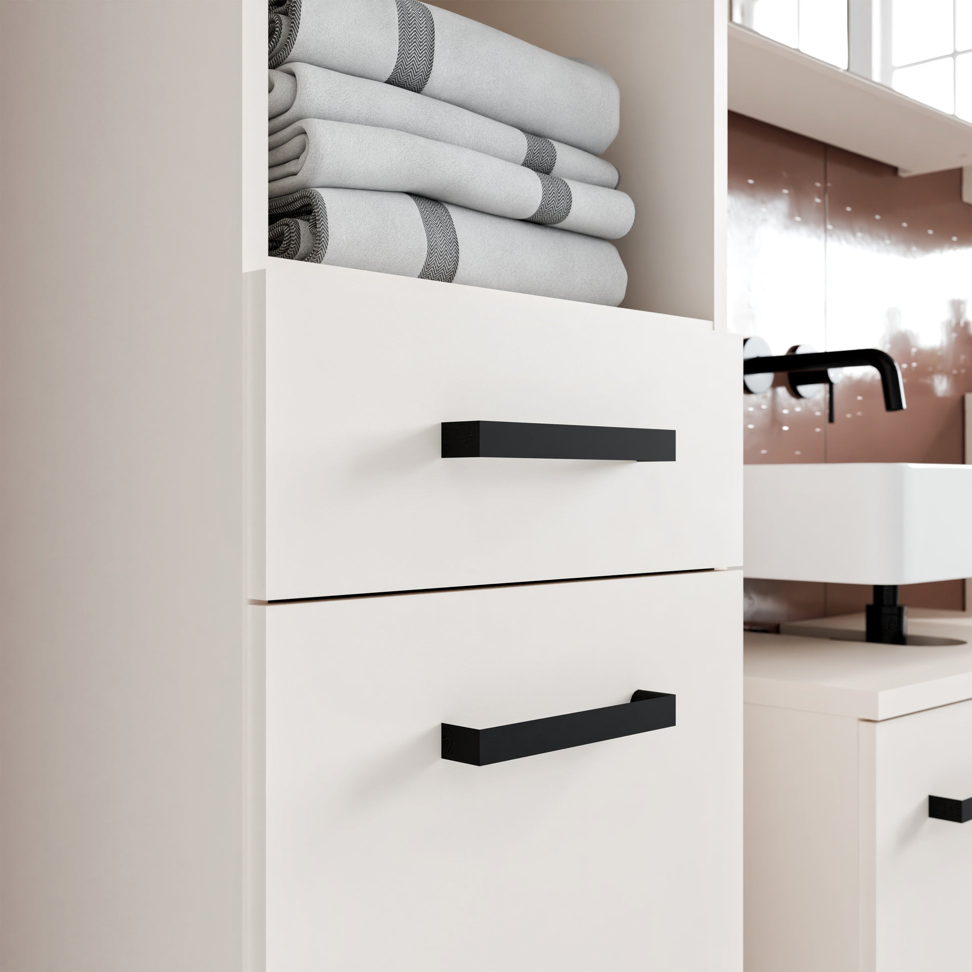Veris Tall Narrow Bathroom Cupboard with 2 Doors & 1 Drawer in Sand