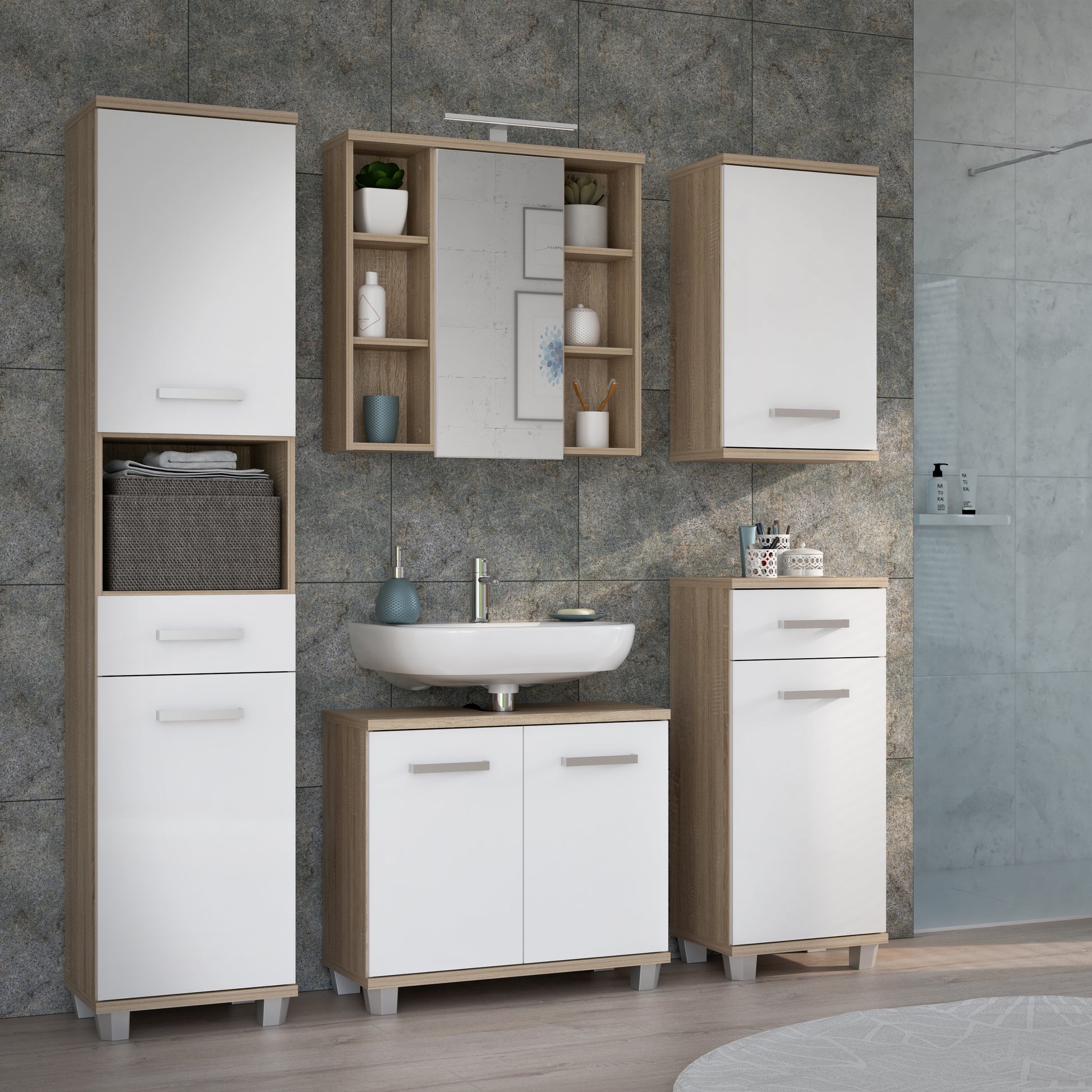 Veris Under Sink Cabinet with 2 Doors in Sonoma Oak and White High Gloss