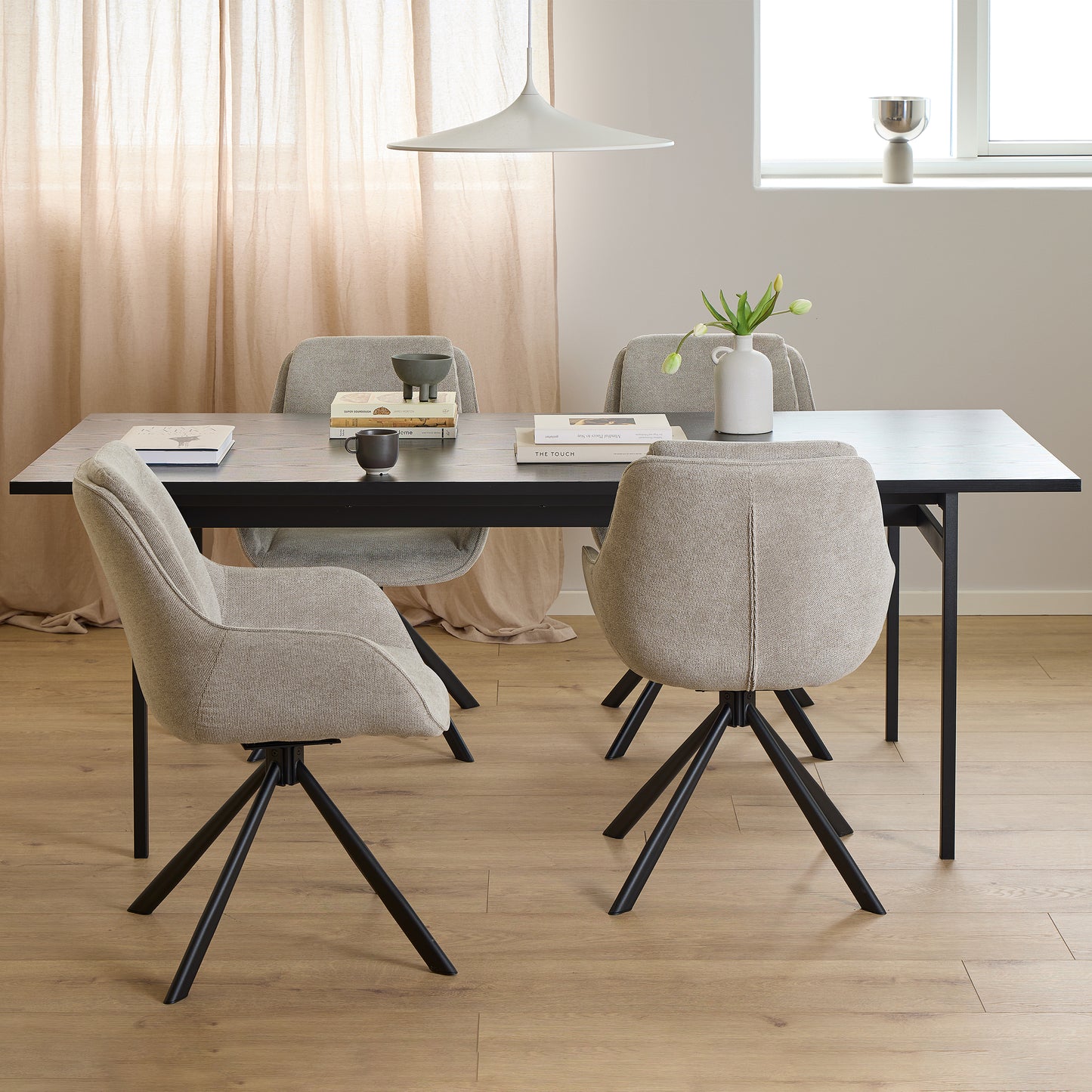 Angus Dining Table in Black 200x90cm includes 4 Carrie Swivel Dining Chairs in Sand