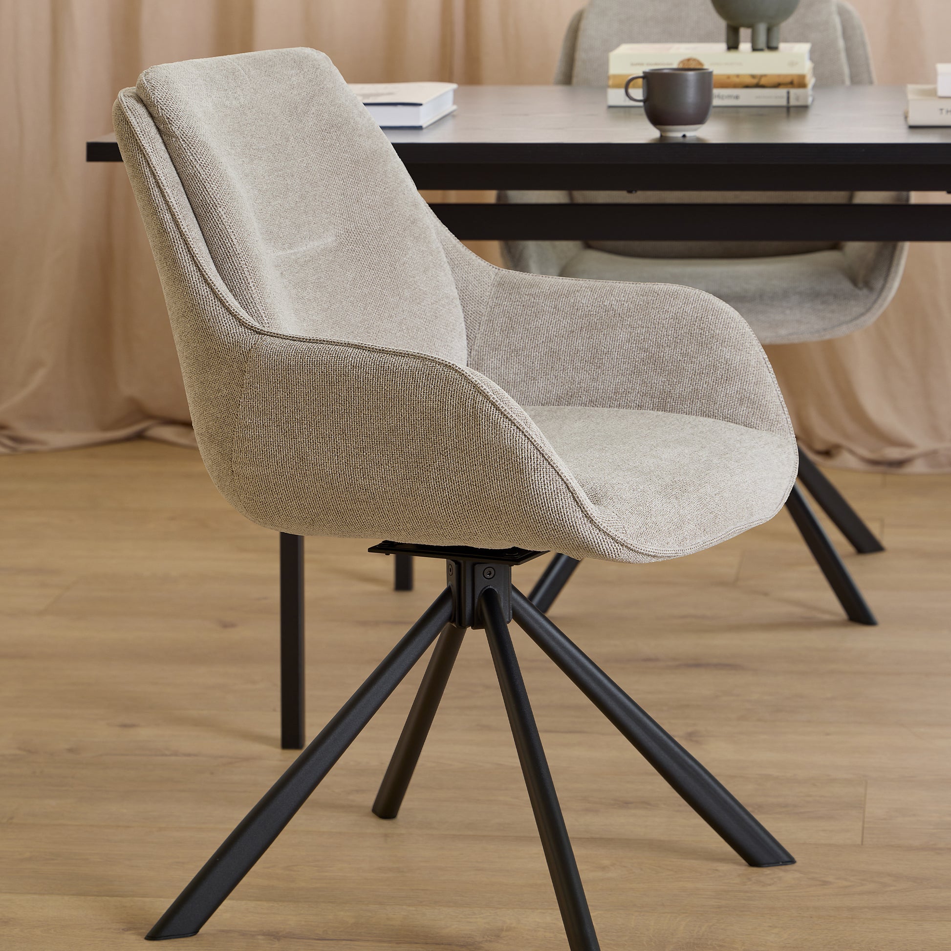 Angus Dining Table in Black 200x90cm includes 4 Carrie Swivel Dining Chairs in Sand