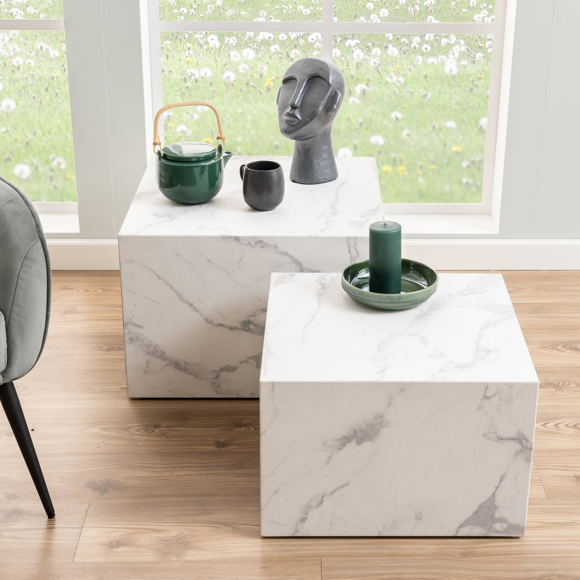 Dice Square Coffee Table Set in White Marble Carrara