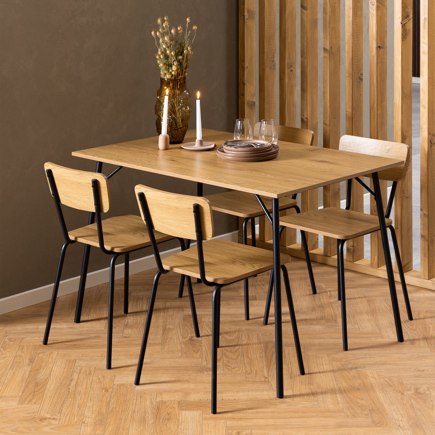 Peru Dining Table in Black and Oak 120x80cm includes 4 Peru Dining Chairs in Steel and Oak