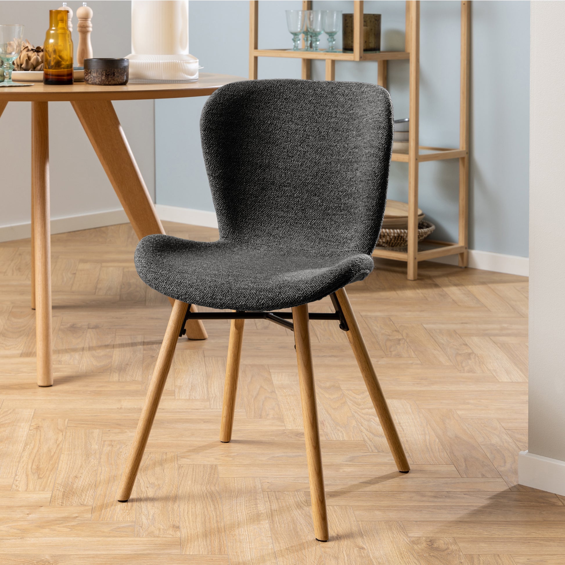 Townsville Round Dining Table in White and Oak 100cm includes 4 Batilda Dining Chairs with Grey Fabric and Oak