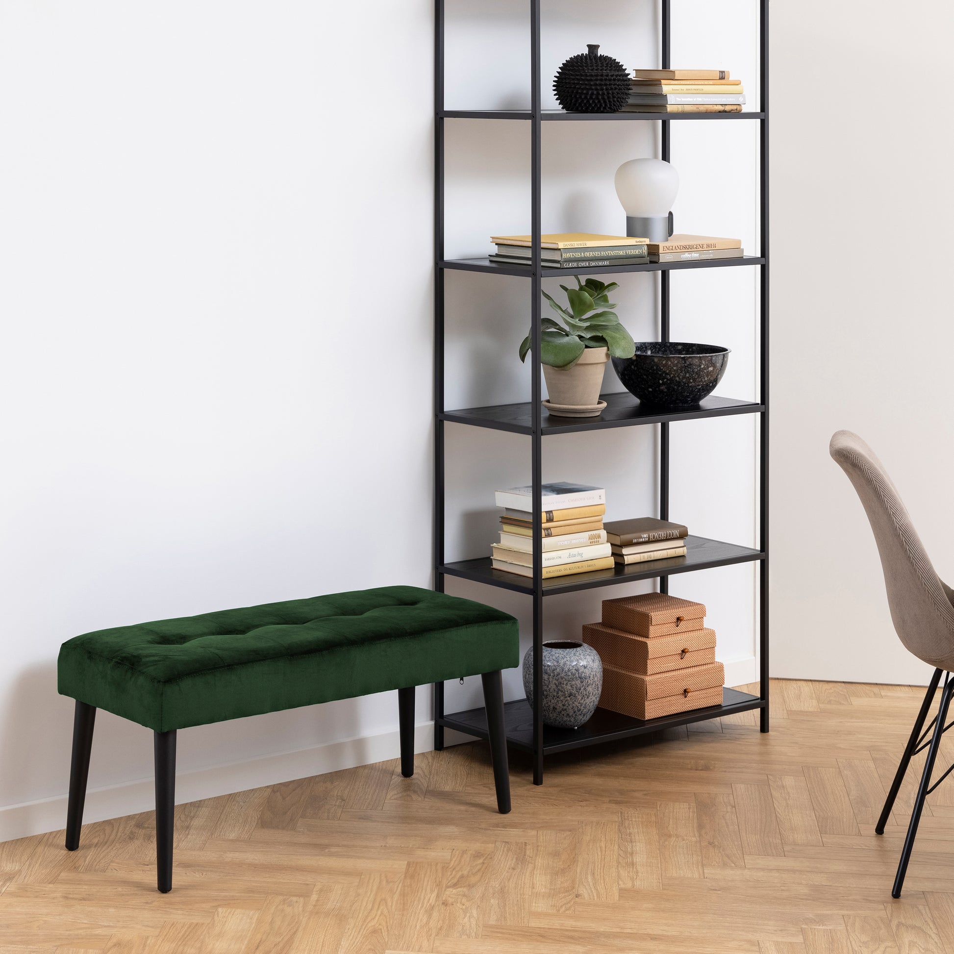 Glory Bench in Forest Green Fabric & Black Metal Base