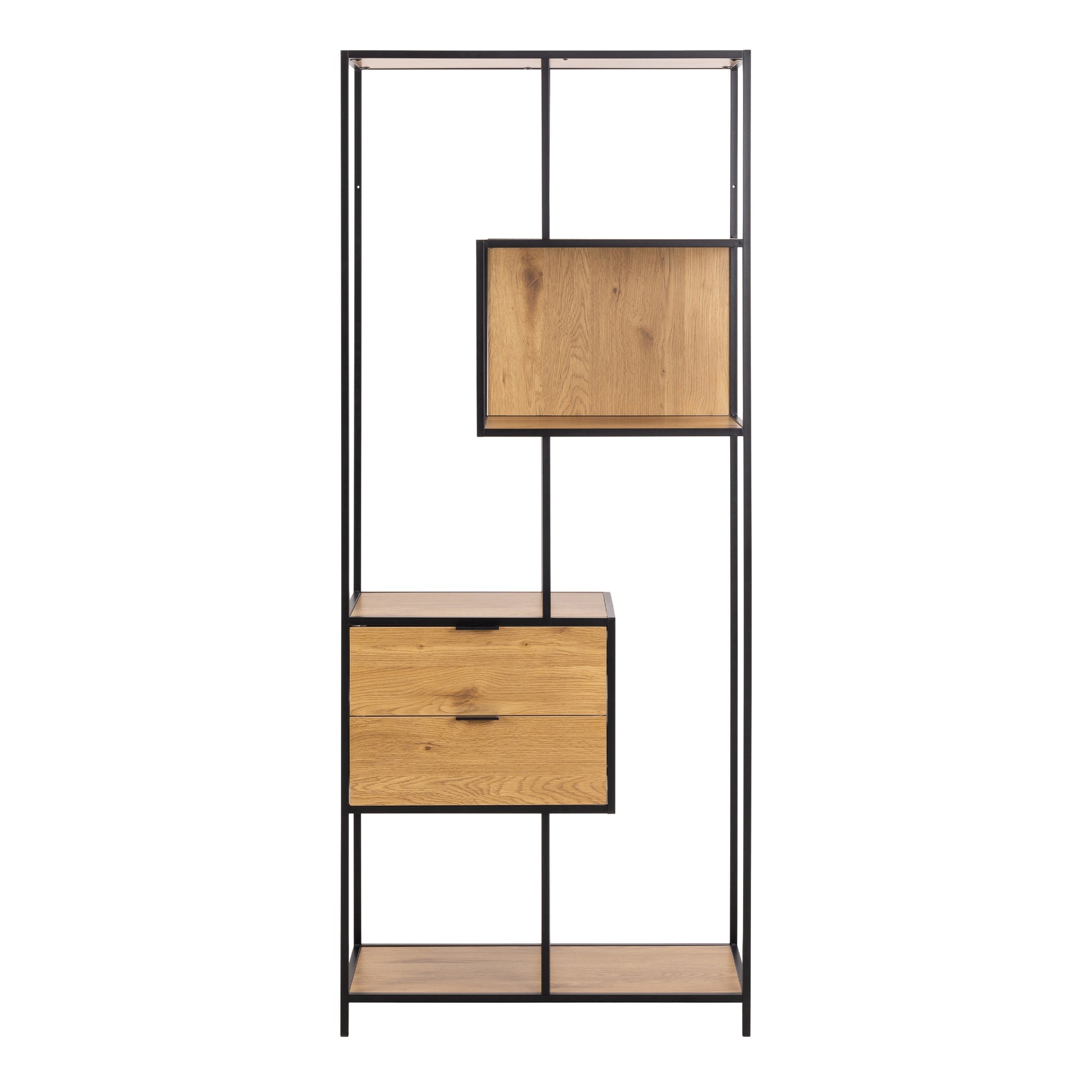 Seaford Tall Wild Oak Metal 2 Drawer Bookcase With 4 Shelves