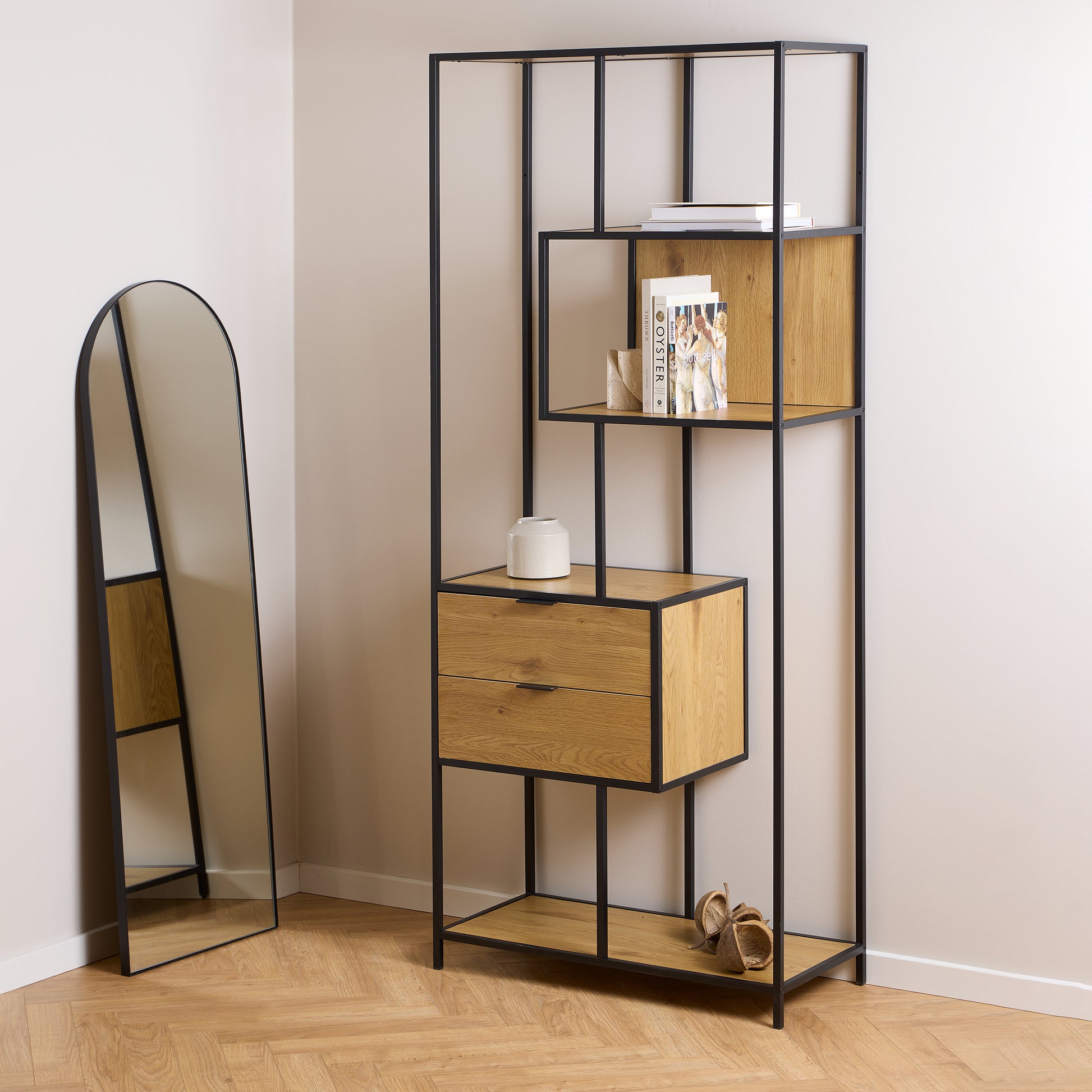 Seaford Tall Wild Oak Metal 2 Drawer Bookcase With 4 Shelves