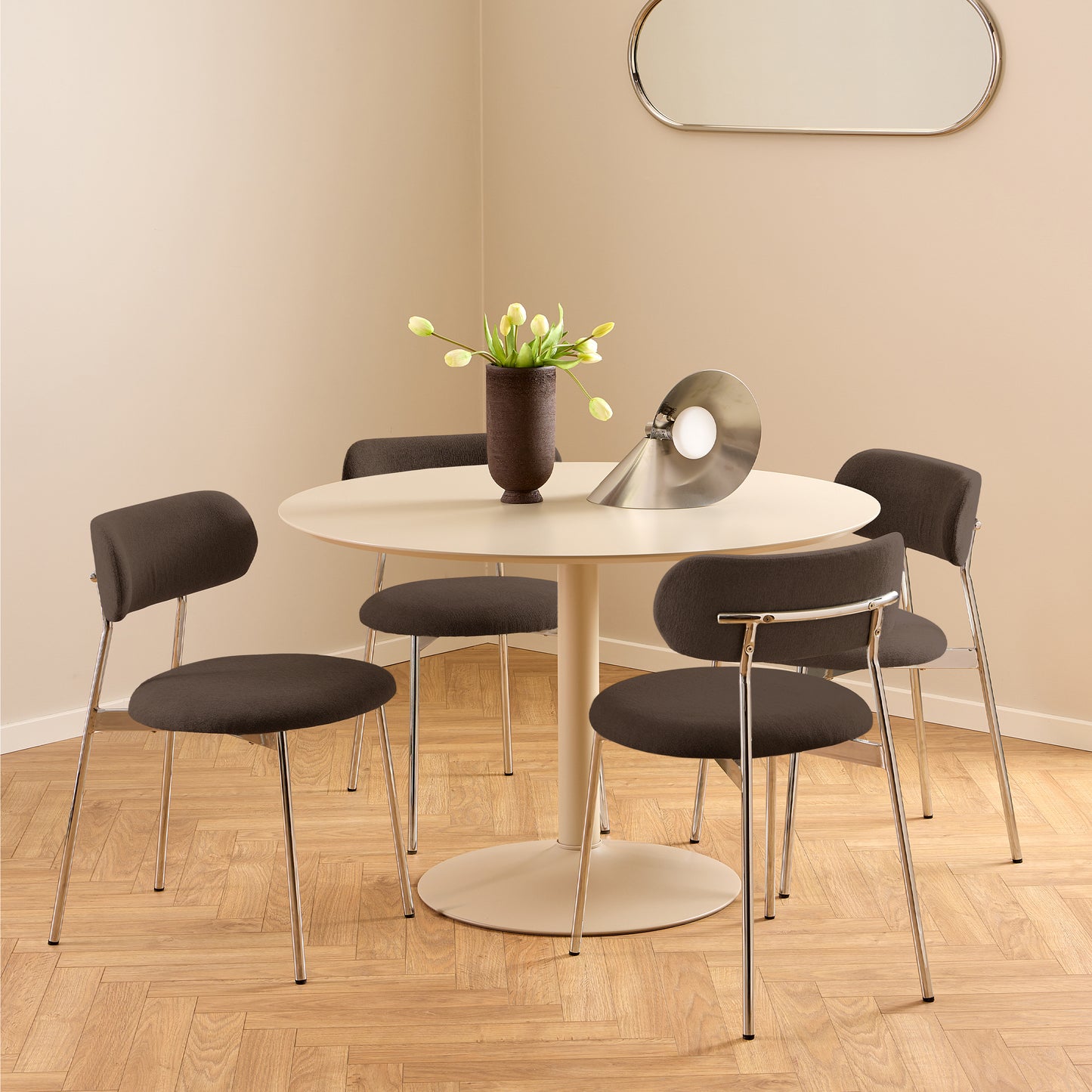 Lyric Dining Chair in Brown Fabric & Chrome Base (Set of 2)