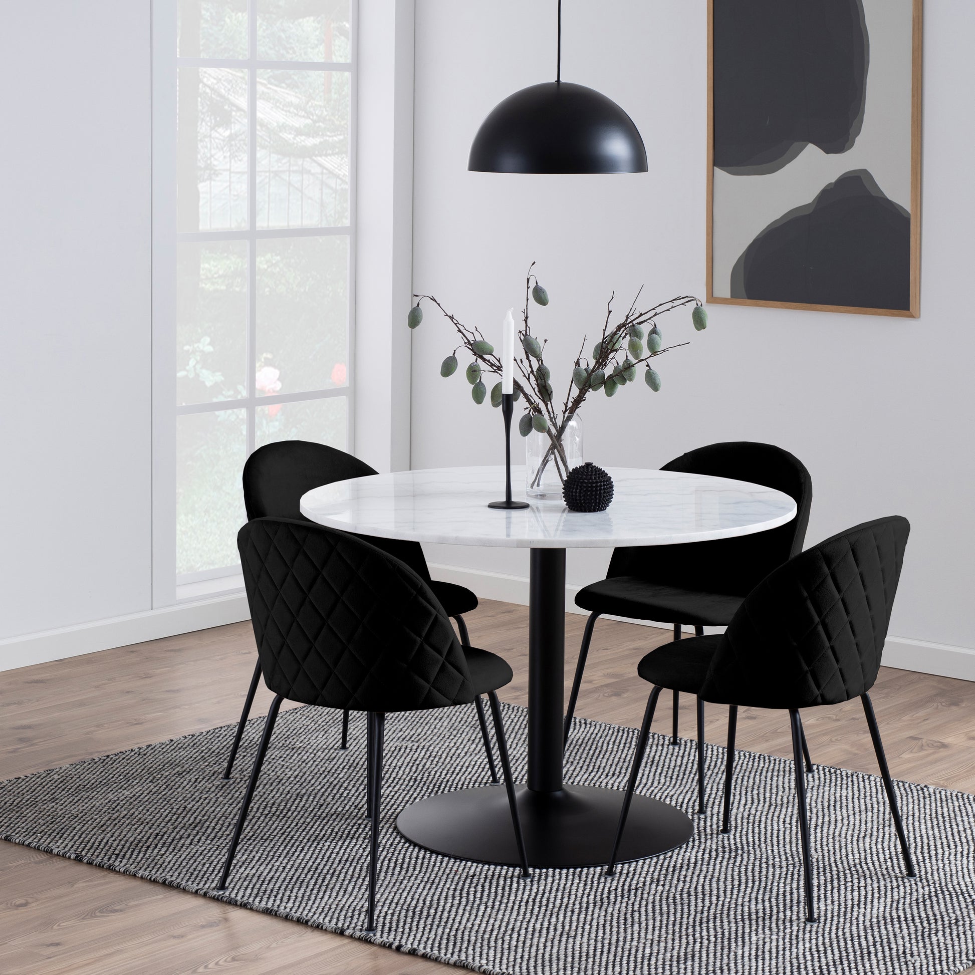 Tarifa Round Dining Table with White Polished Marble Top and Black Base 110cm