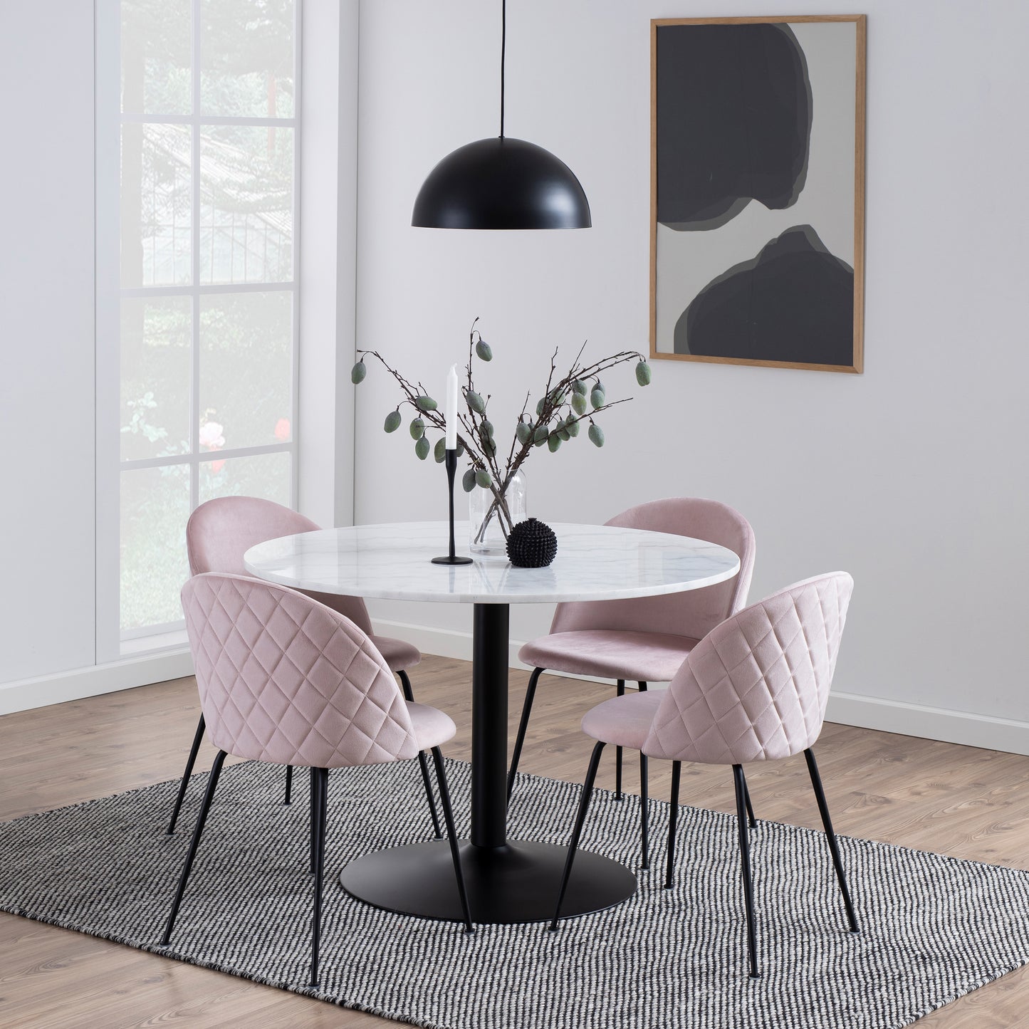 Tarifa Round Dining Table with White Polished Marble Top and Black Base 110cm