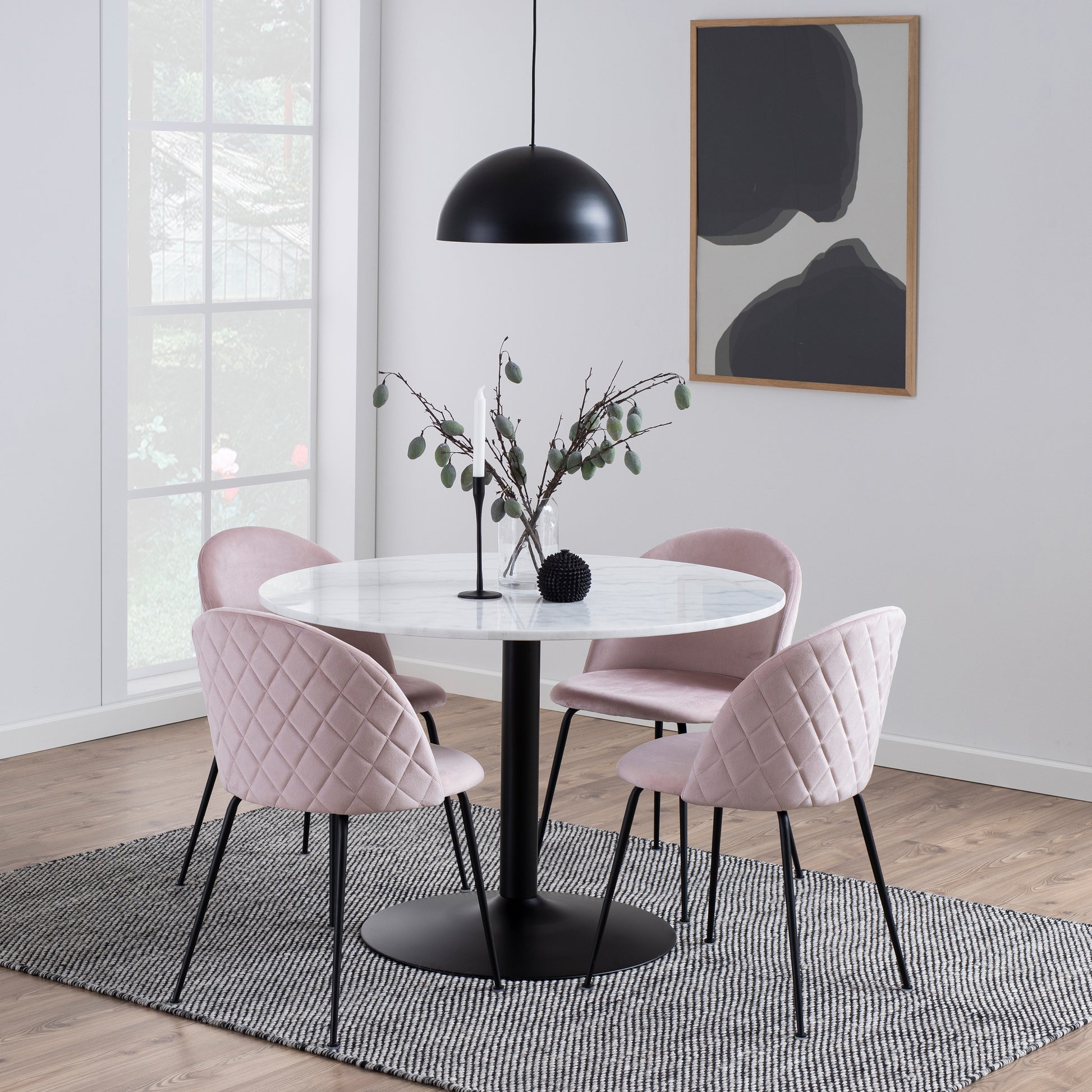 Tarifa Round Dining Table with White Polished Marble Top and Black Base 110cm