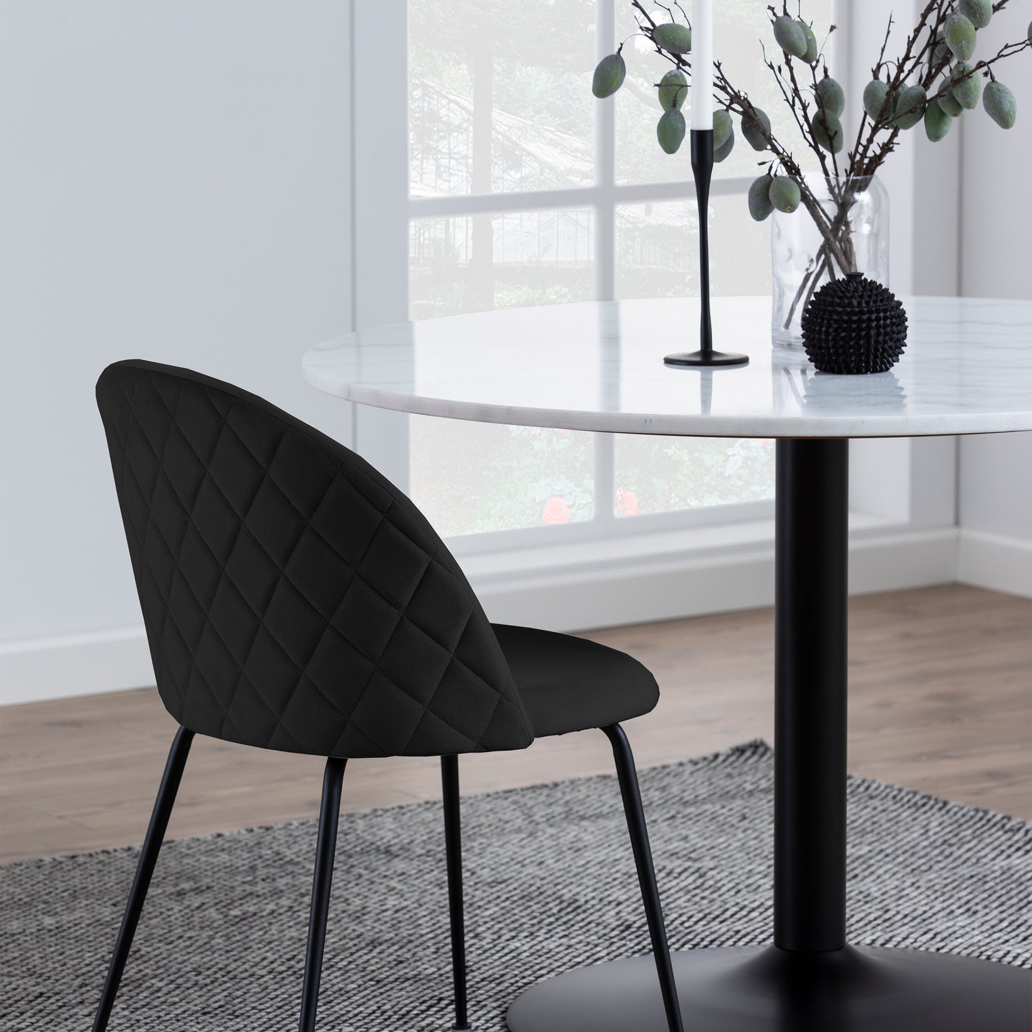 Tarifa Round Dining Table with White Polished Marble Top and Black Base 110cm