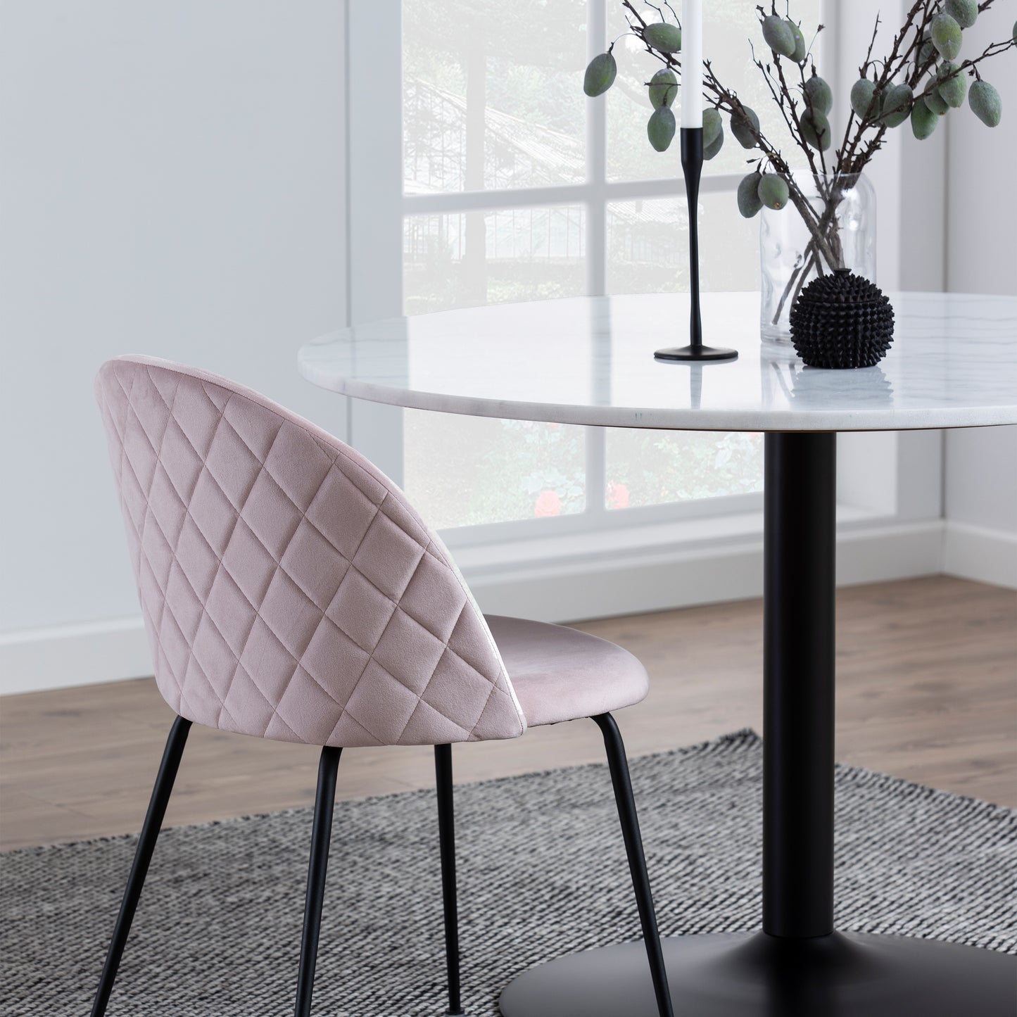 Tarifa Round Dining Table with White Polished Marble Top and Black Base 110cm