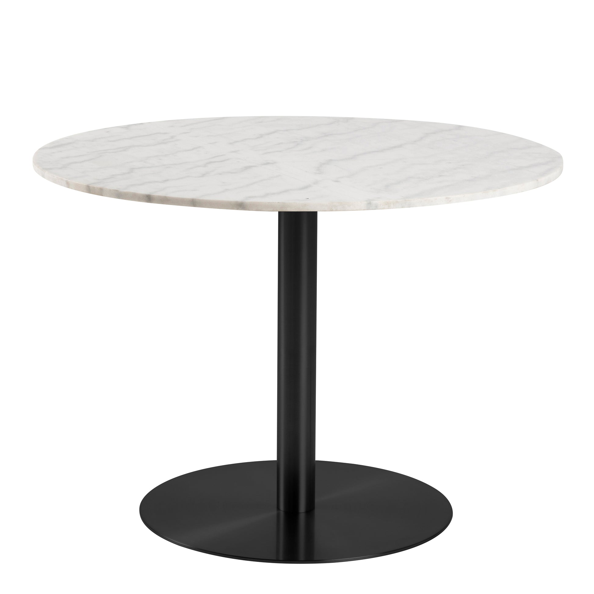 Corby Round Dining Table with White Polished Marble Top & Black Base includes 4 Batilda Dining Chairs in Dark Grey