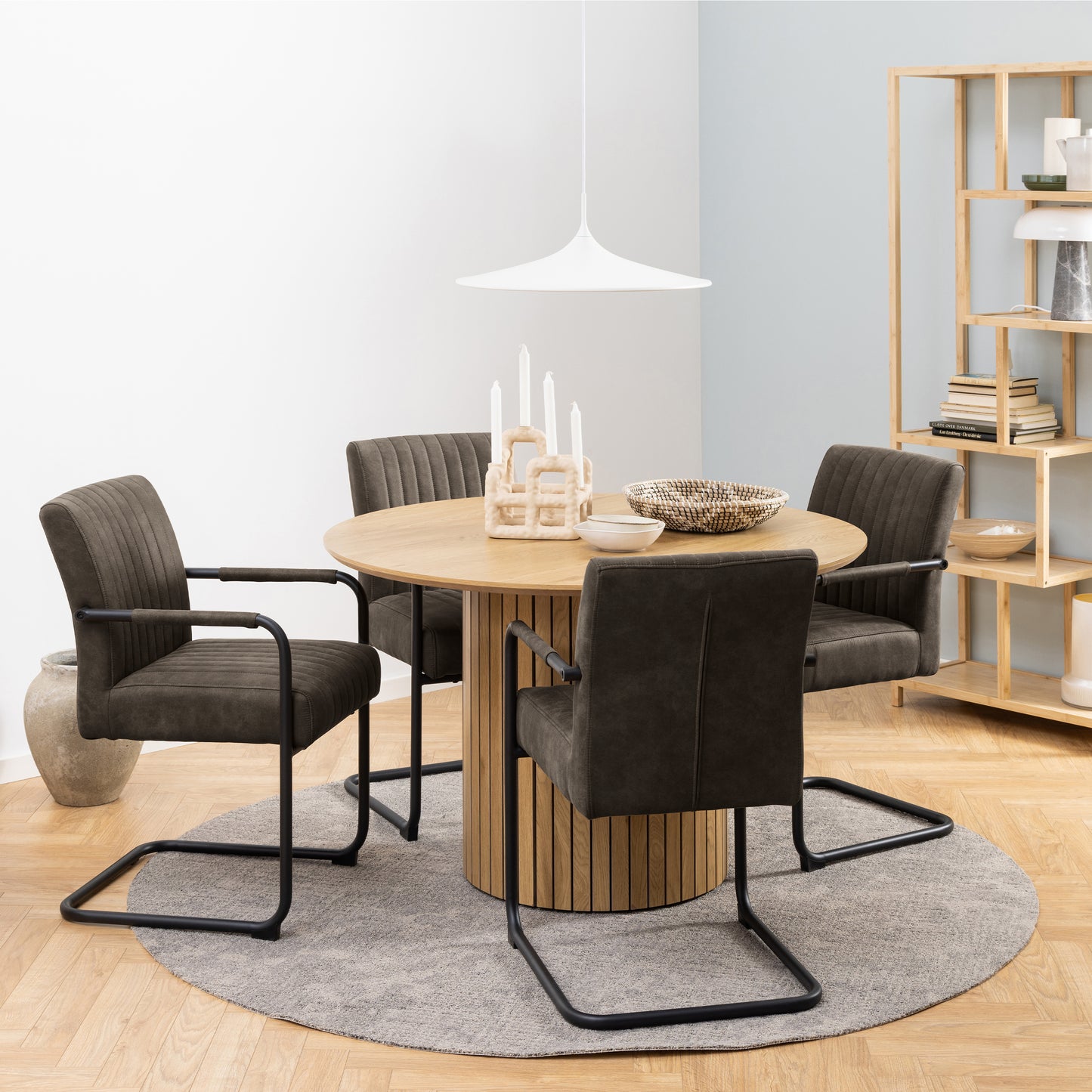 Yale Dining Table in Oak 120cm includes 4 Adele Dining Chairs in Grey Fabric