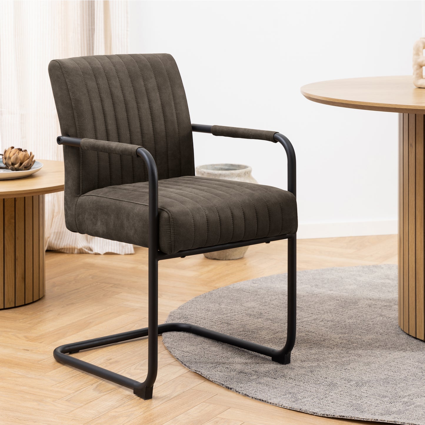 Yale Dining Table in Oak 120cm includes 4 Adele Dining Chairs in Grey Fabric